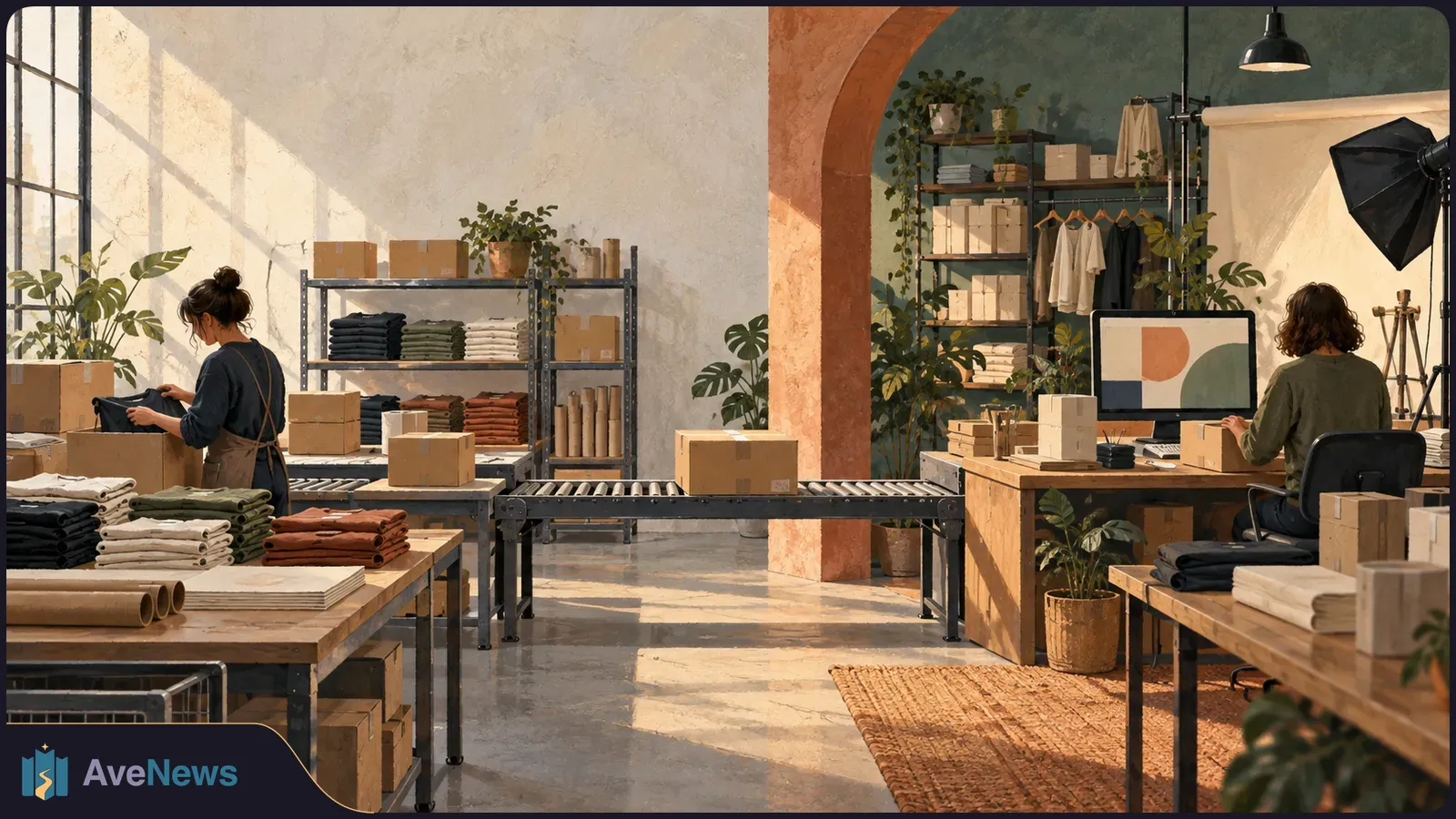 Illustrated merchandise workspace with two people packing boxes and handling folded clothing beside a conveyor belt, shelves and a computer. SI illustration