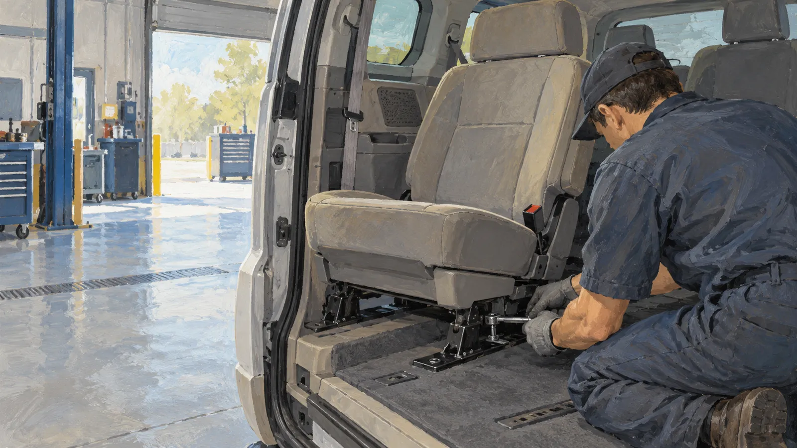 Illustration of a mechanic using a wrench on a vehicle seat mount inside an open van, with tool cabinets in the workshop behind him. SI illustration