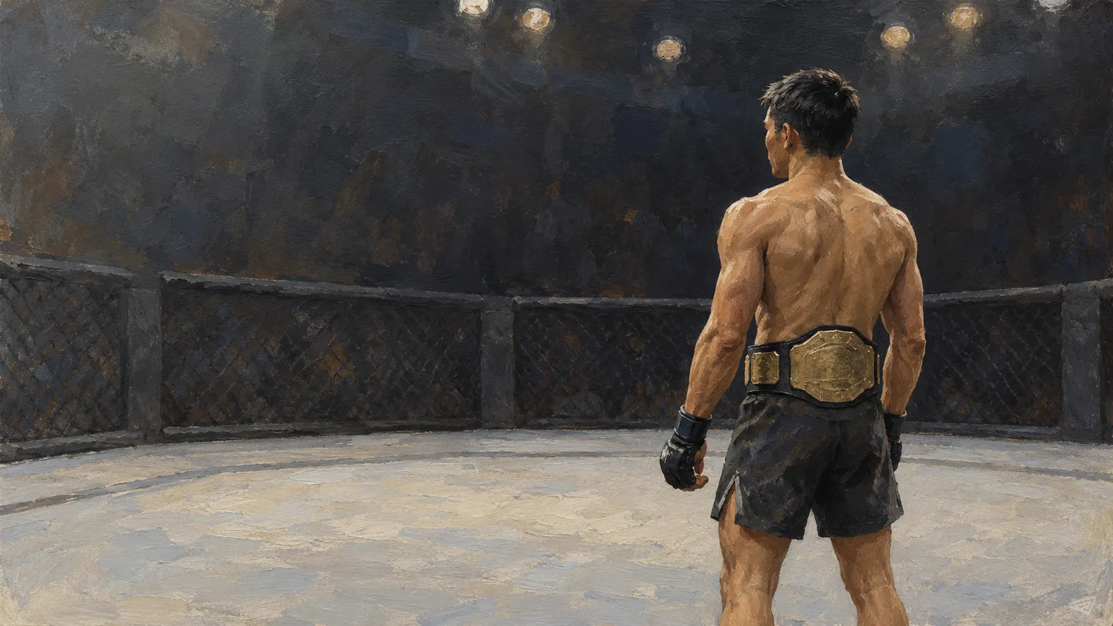 A painted illustration of a shirtless fighter seen from behind, wearing gloves and a gold belt inside a fenced arena under overhead lights. SI illustration