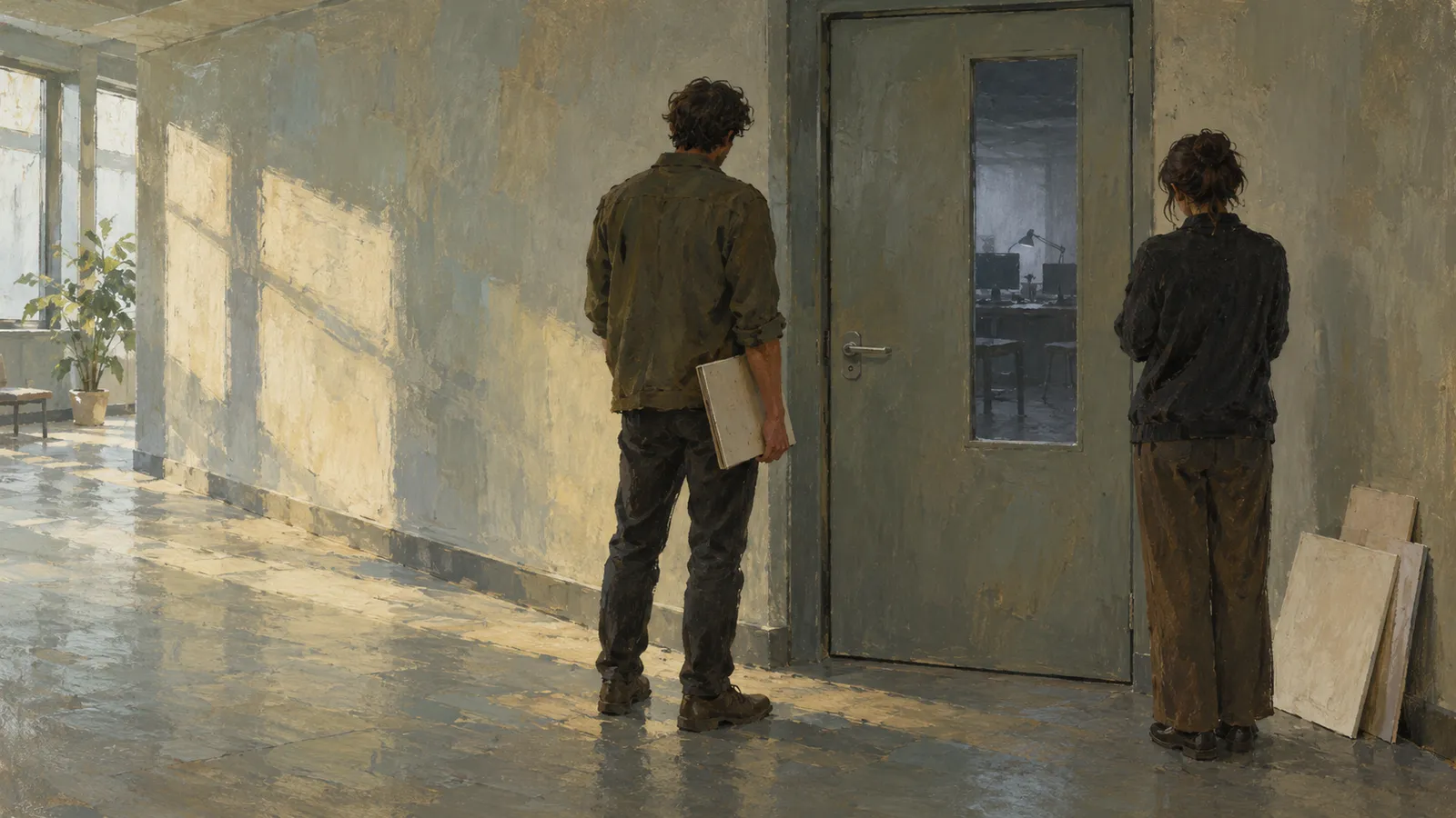 A painted scene of two people standing near a closed door in a sunlit hallway. One holds a folder; computer monitors are visible through the door’s window. SI illustration