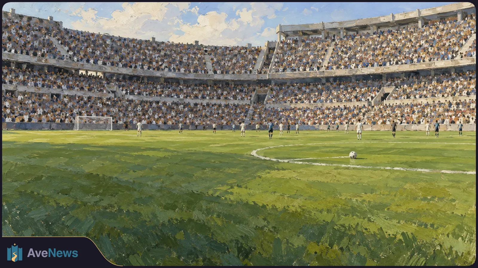 A painted wide view of a packed football stadium, with small players spread across the pitch and a ball near the center circle. SI illustration