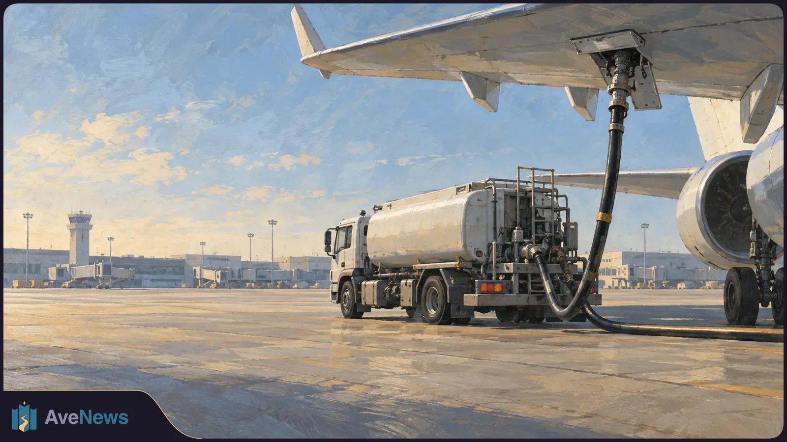 A tanker truck is connected by hose to a passenger jet’s wing on an airport apron, with a control tower in the distance. SI illustration