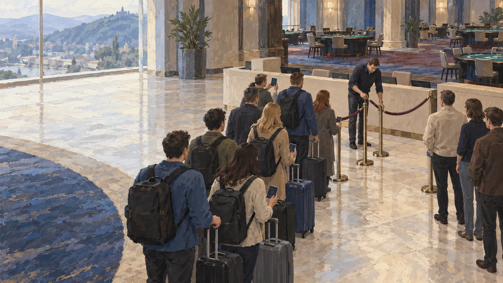 Travelers with suitcases queue behind rope barriers in a spacious lobby, with gaming tables in the background and a hillside visible through the windows. SI illustration