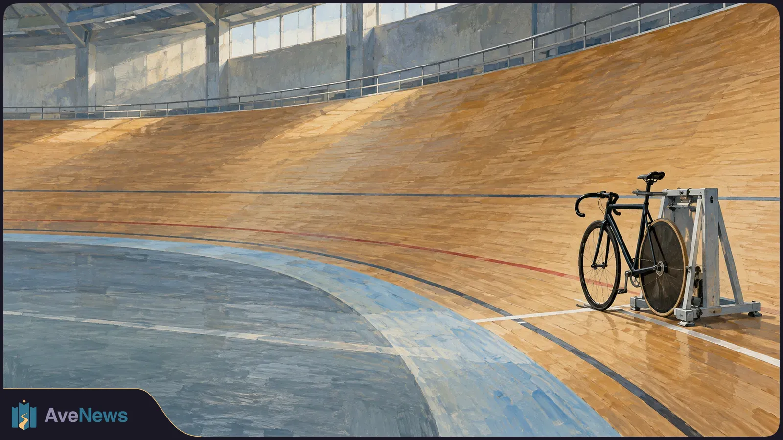Painted indoor velodrome with a banked wooden track and a black track bicycle beside a metal support on the right. SI illustration
