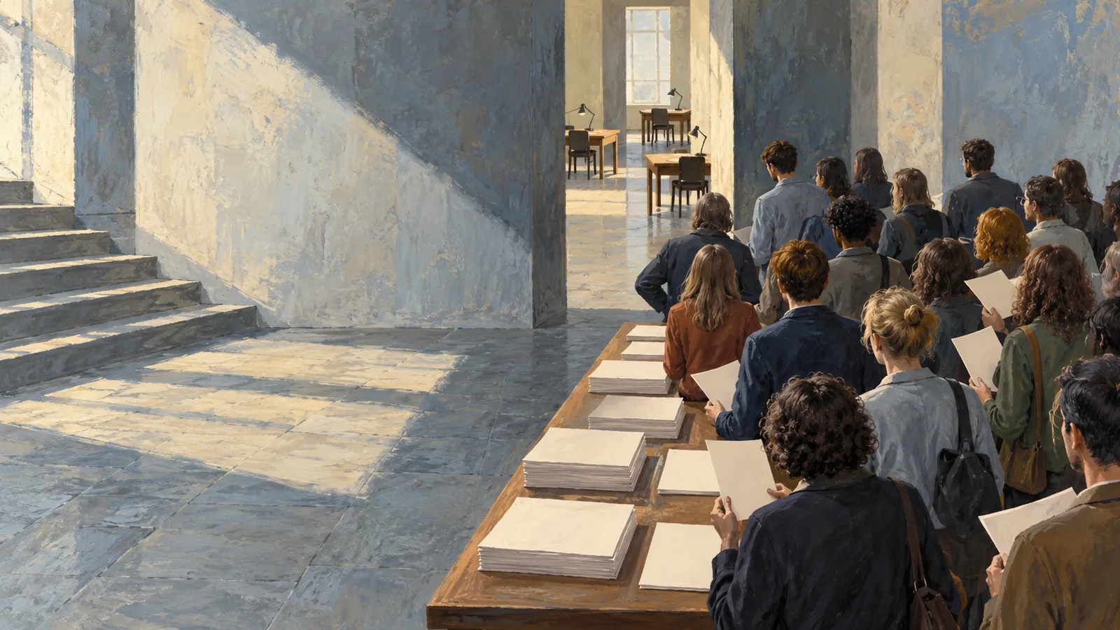 A painted crowd holding papers gathers beside a long table stacked with blank sheets, facing a sunlit corridor with desks and chairs. SI illustration