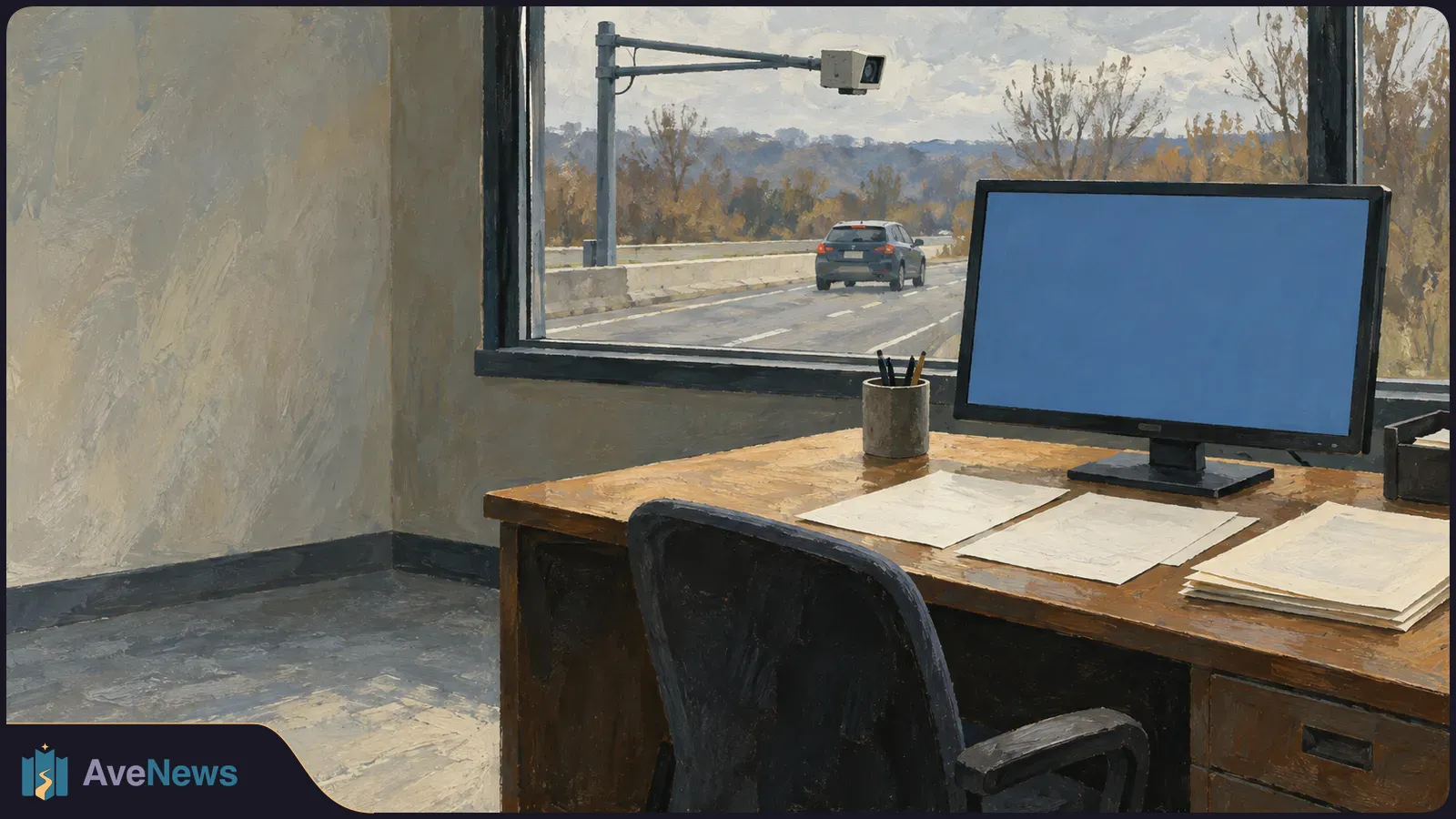 Painted office interior with a desk, blank blue monitor and papers. Through the window, a car passes beneath a roadside camera. SI illustration