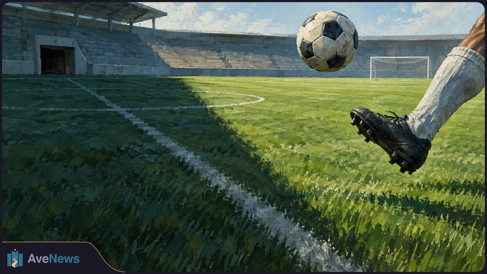 Painterly view of a soccer ball above a grass pitch, with a player's boot and lower leg at right, a goal and empty stands behind. SI illustration