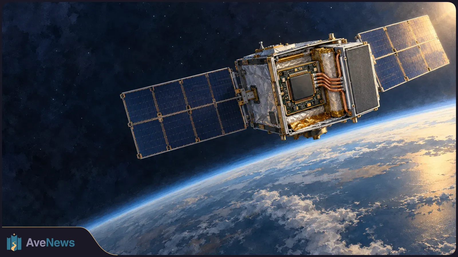 Illustration of a satellite above Earth, with two solar panels and an exposed microchip in its central housing. SI illustration