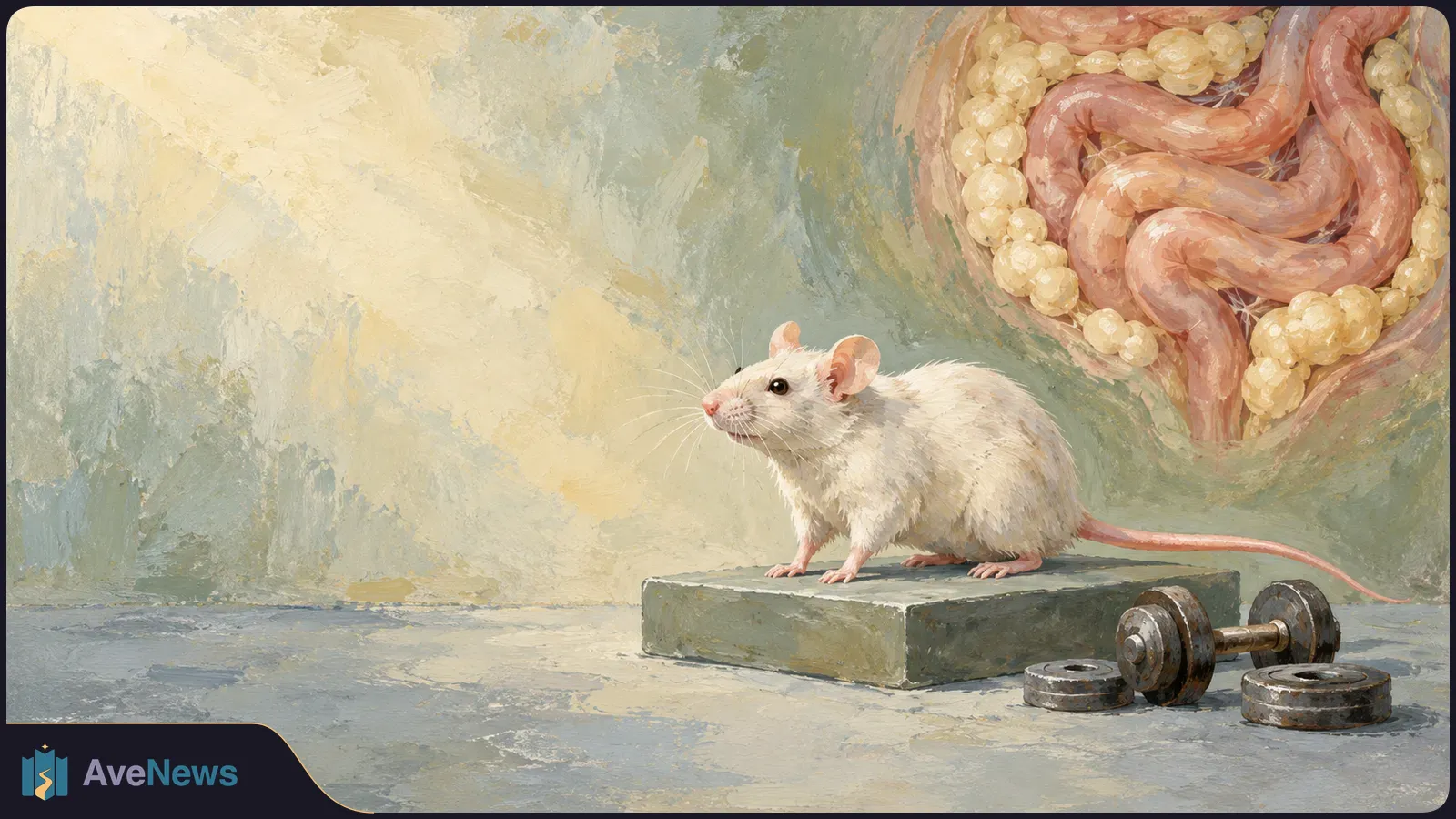 A painted white mouse stands on a block beside a small dumbbell. Above it, an anatomical cutaway shows intestines surrounded by yellow fat. SI illustration