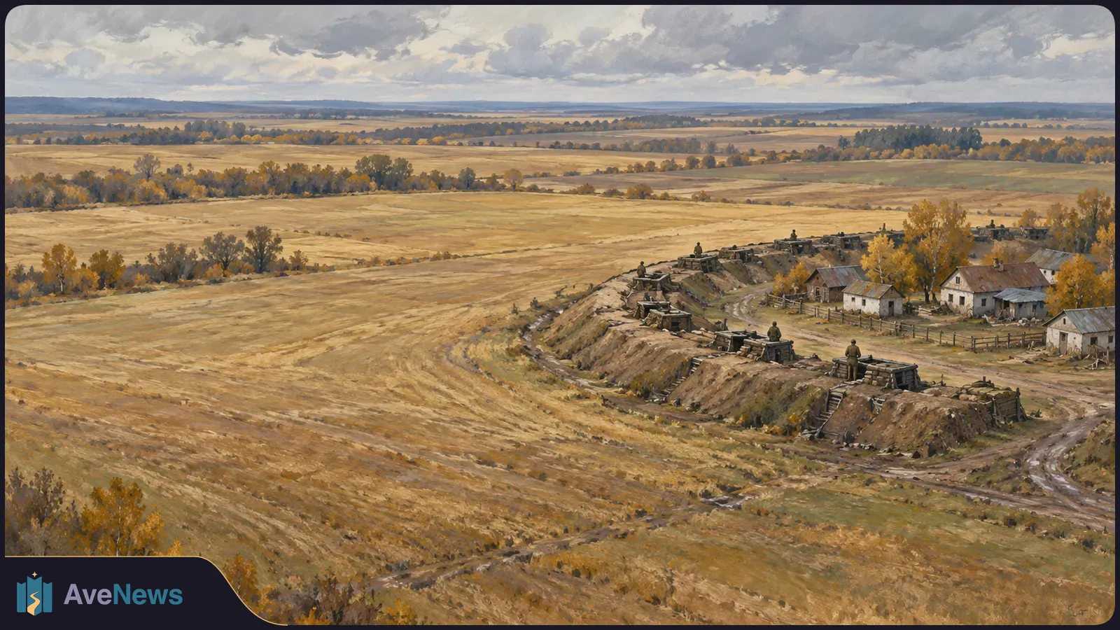 Painted landscape of a long earthen trench with several small figures beside it, near houses and golden fields under a cloudy sky. SI illustration