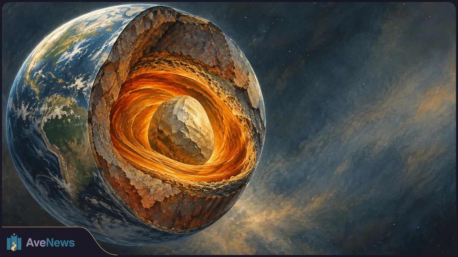 Illustration of Earth cut open to show rocky layers, a glowing orange interior and a rounded central core against a dark space background. SI illustration