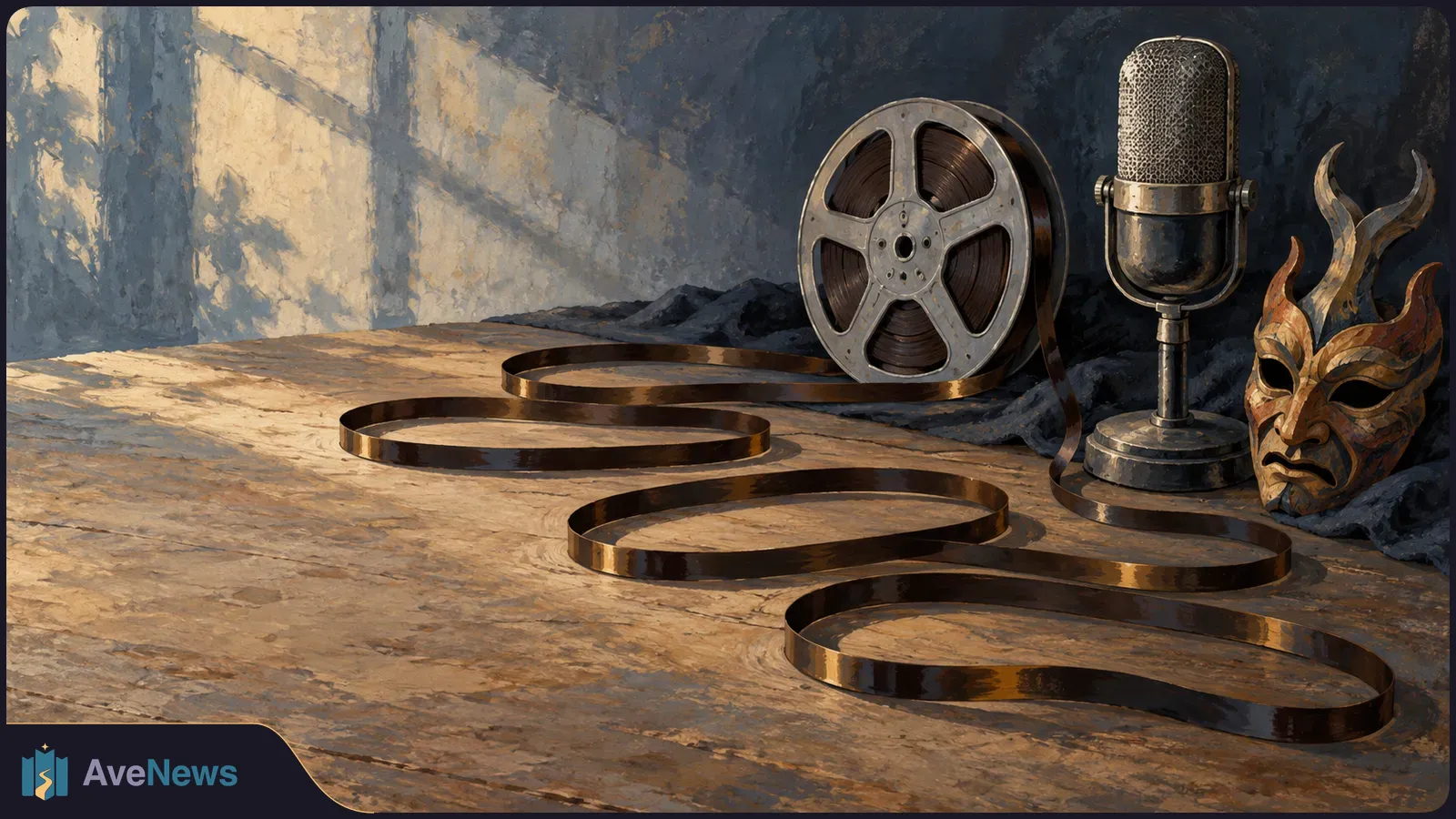 A reel of brown recording tape unspools across a wooden floor beside a vintage microphone and a horned theatrical mask. SI illustration