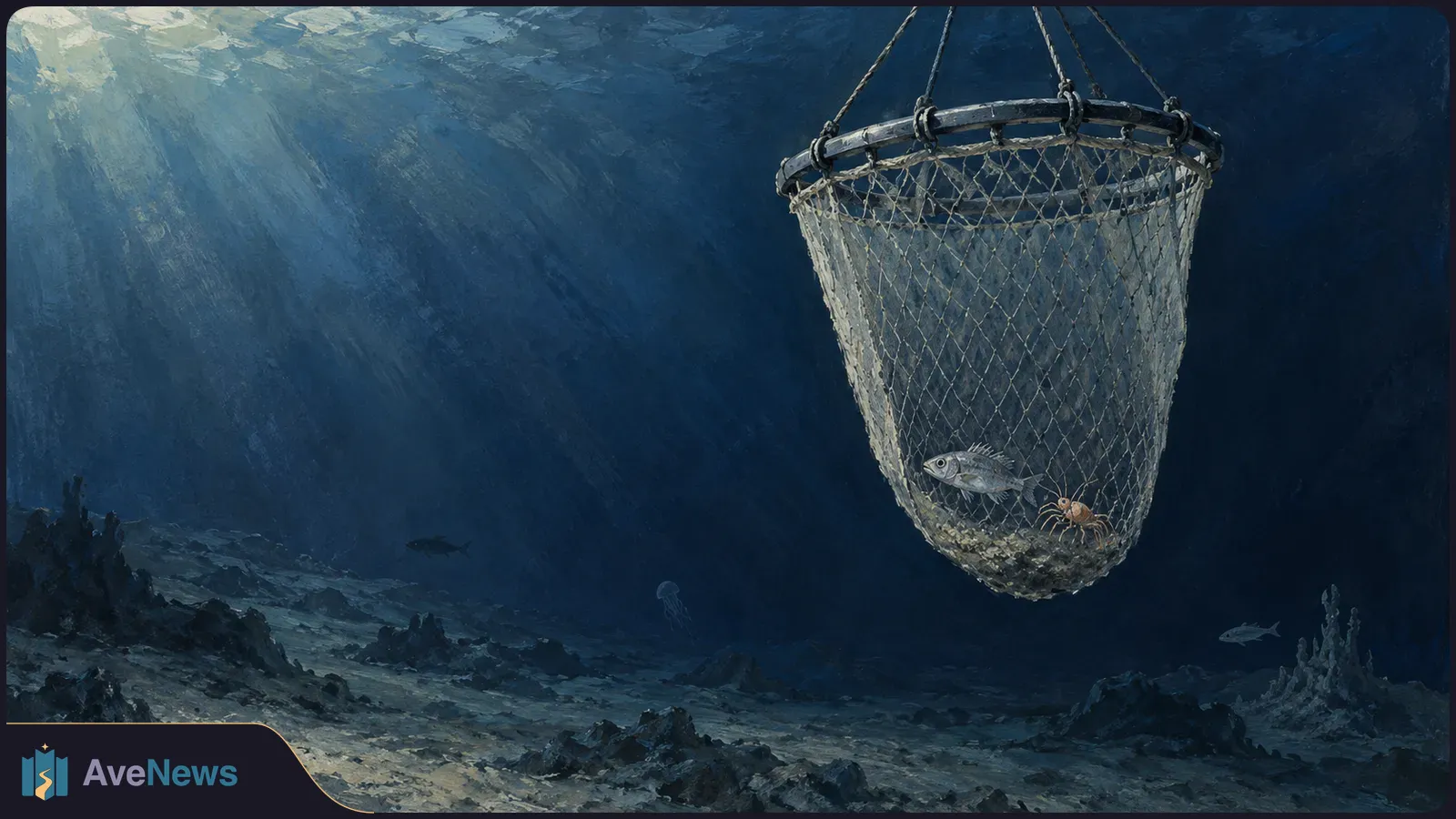 A large mesh net hangs in dark blue water above a rocky seabed. A fish and a crab are inside; distant fish and a jellyfish are visible nearby. SI illustration