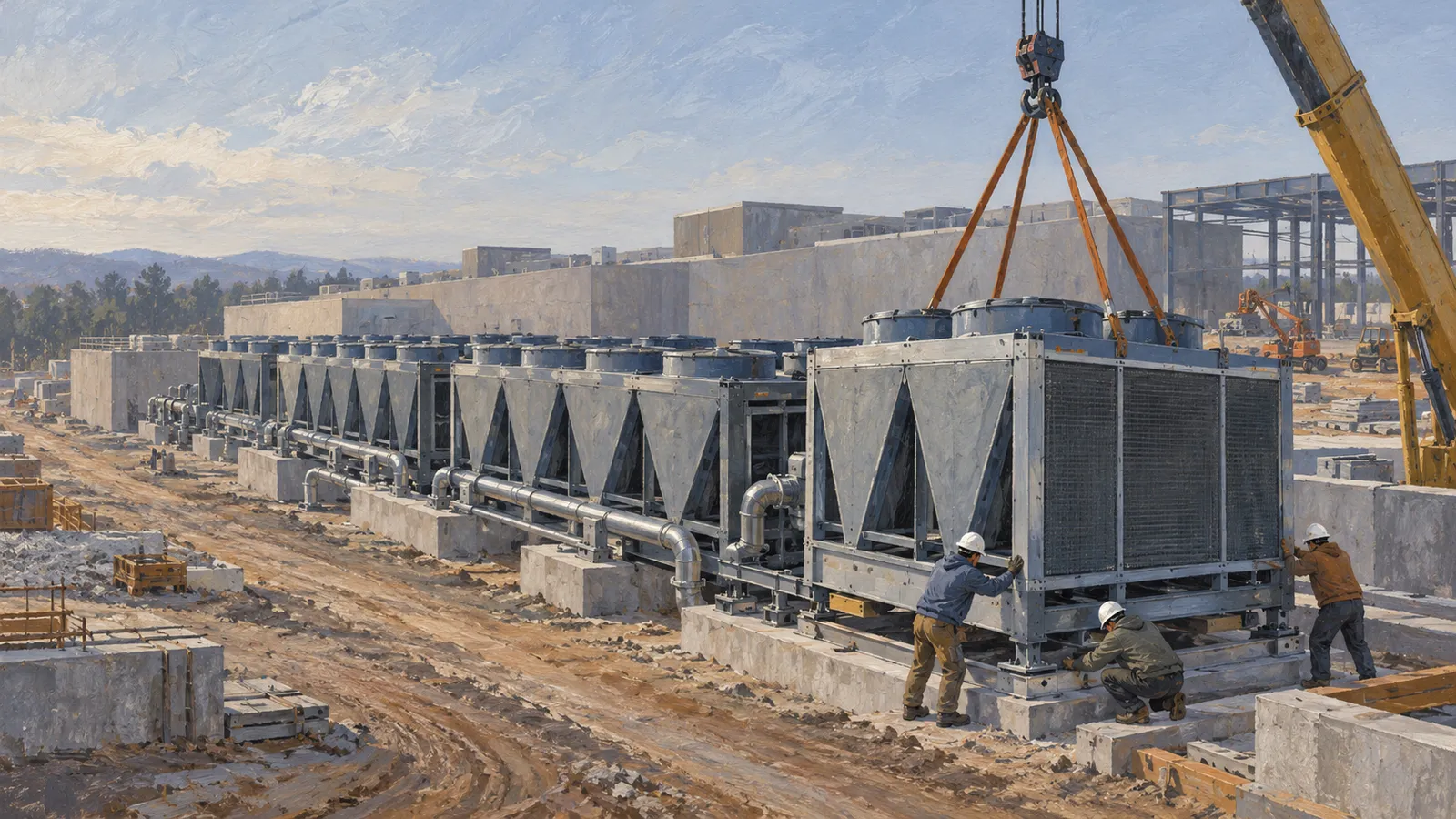 At a construction site, three hard-hatted workers guide a large cooling unit suspended from a crane beside a row of similar units and pipes. SI illustration