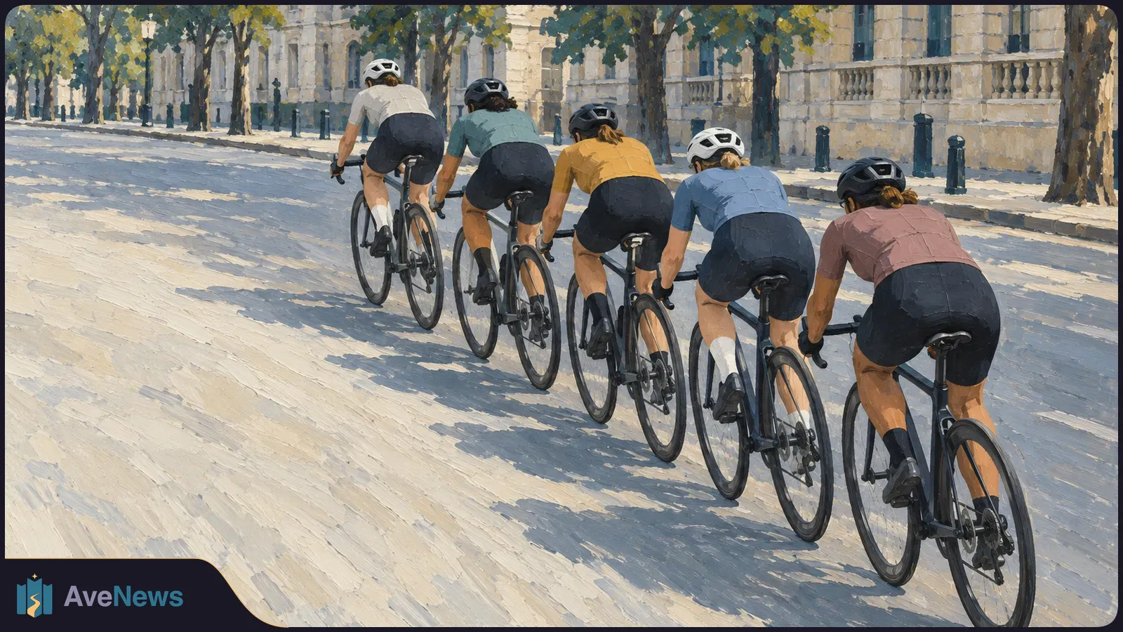 Painterly illustration of five helmeted cyclists riding road bikes in a line along a sunlit, tree-lined street beside stone buildings. SI illustration
