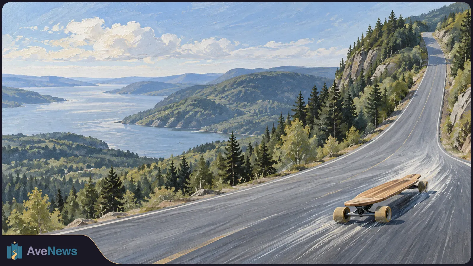 A longboard rests on a winding mountain road above a lake, with forested hills and clouds in the distance. SI illustration