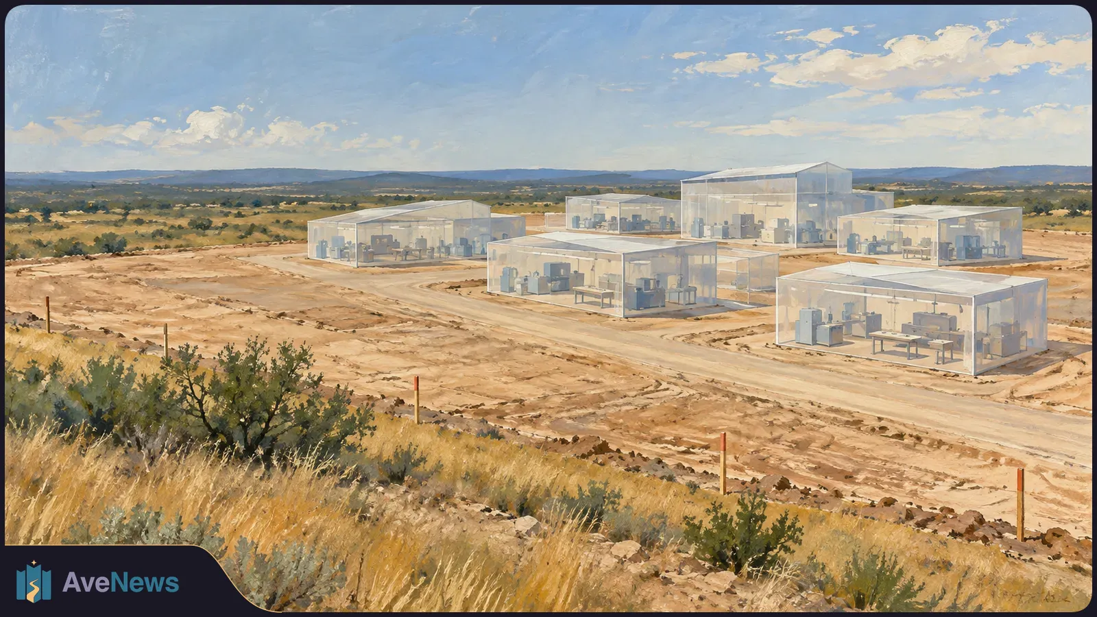 Painted view of several translucent industrial sheds with machinery on a cleared, dusty site, bordered by dry grass and shrubs beneath a blue sky. SI illustration