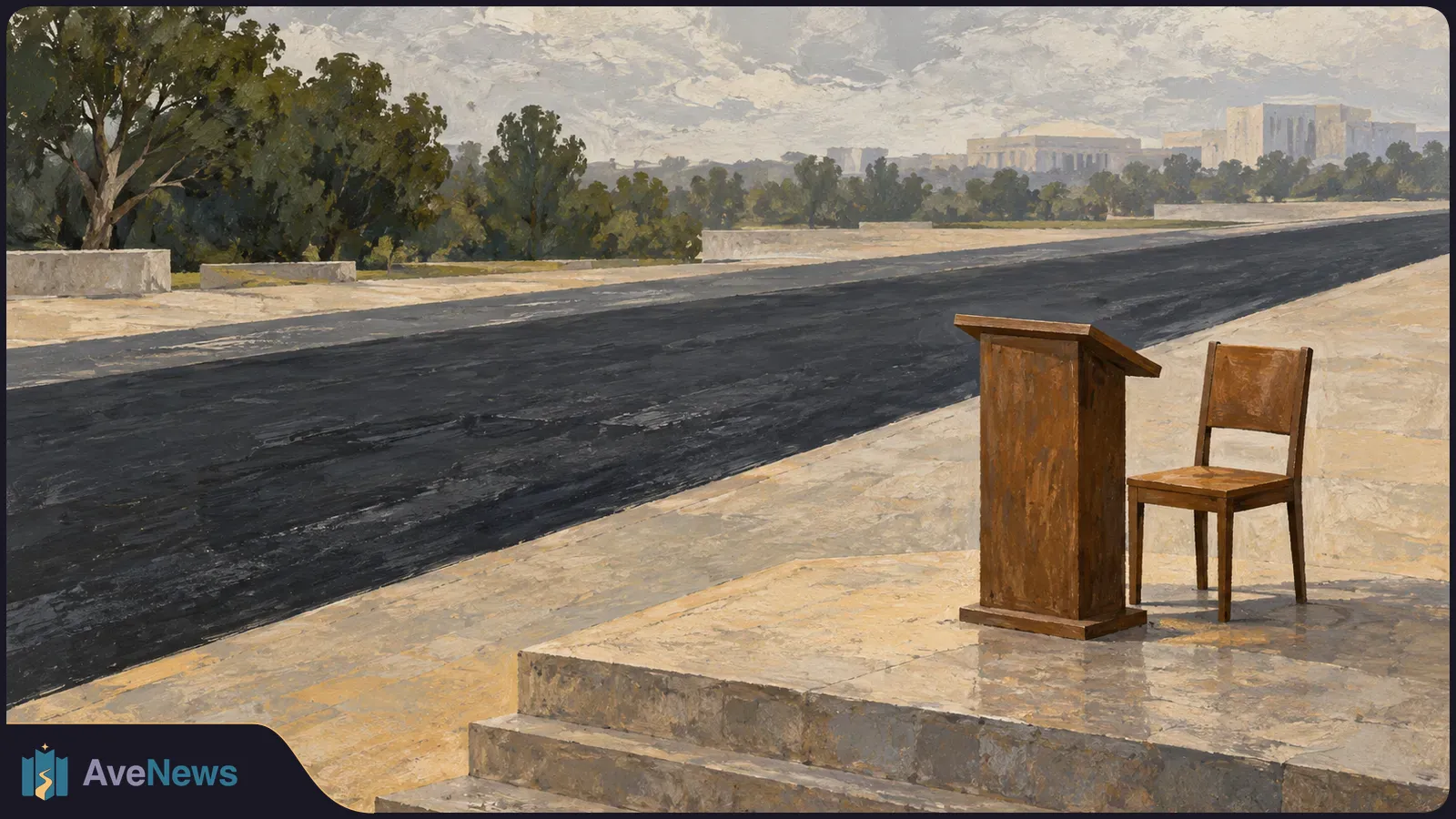 Painted scene of an empty wooden lectern and chair on a stone platform beside a dark road, with trees and distant buildings under a cloudy sky. SI illustration