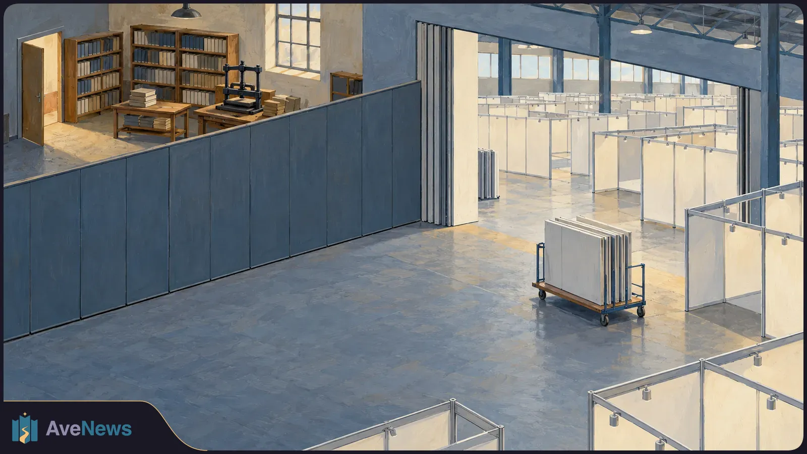 Painted cutaway showing a book-filled publishing room beside a large hall of empty exhibition booths, with blank panels on a wheeled cart. SI illustration