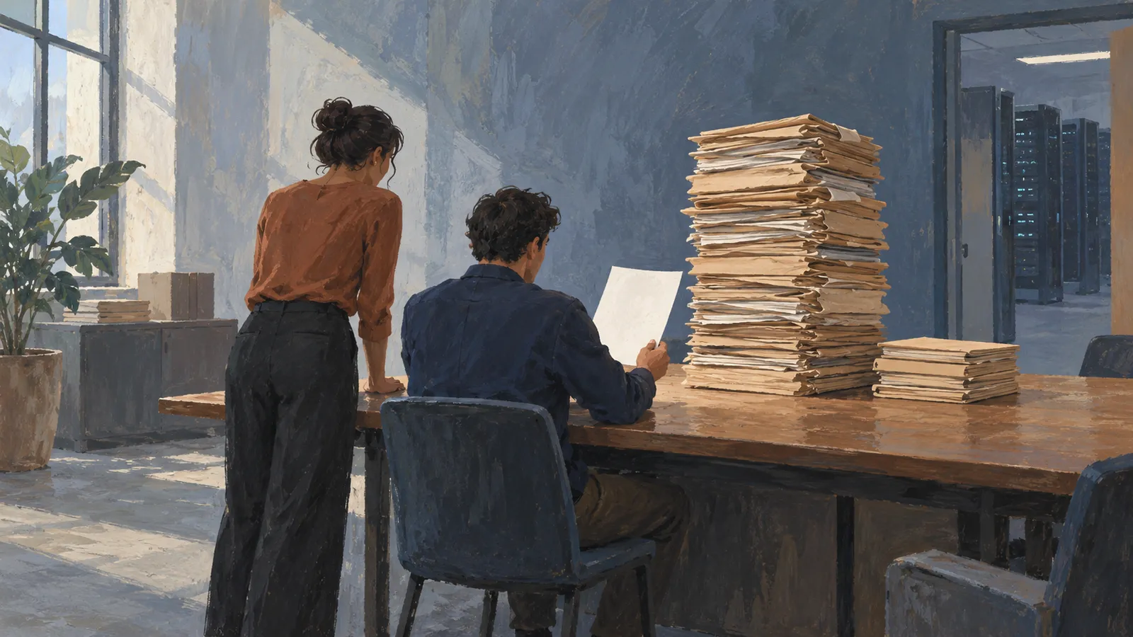 A painted office scene shows a seated person holding a sheet beside a standing person, with tall stacks of folders on a table and server racks visible through a doorway. SI illustration