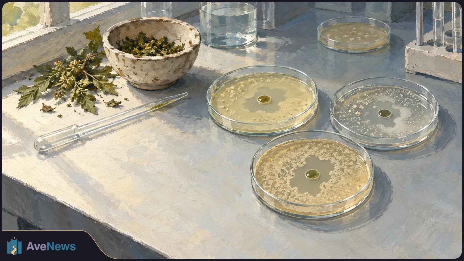 Painted laboratory scene with crushed leaves in a bowl, a glass pipette, and petri dishes containing pale cultures around dark droplets. SI illustration