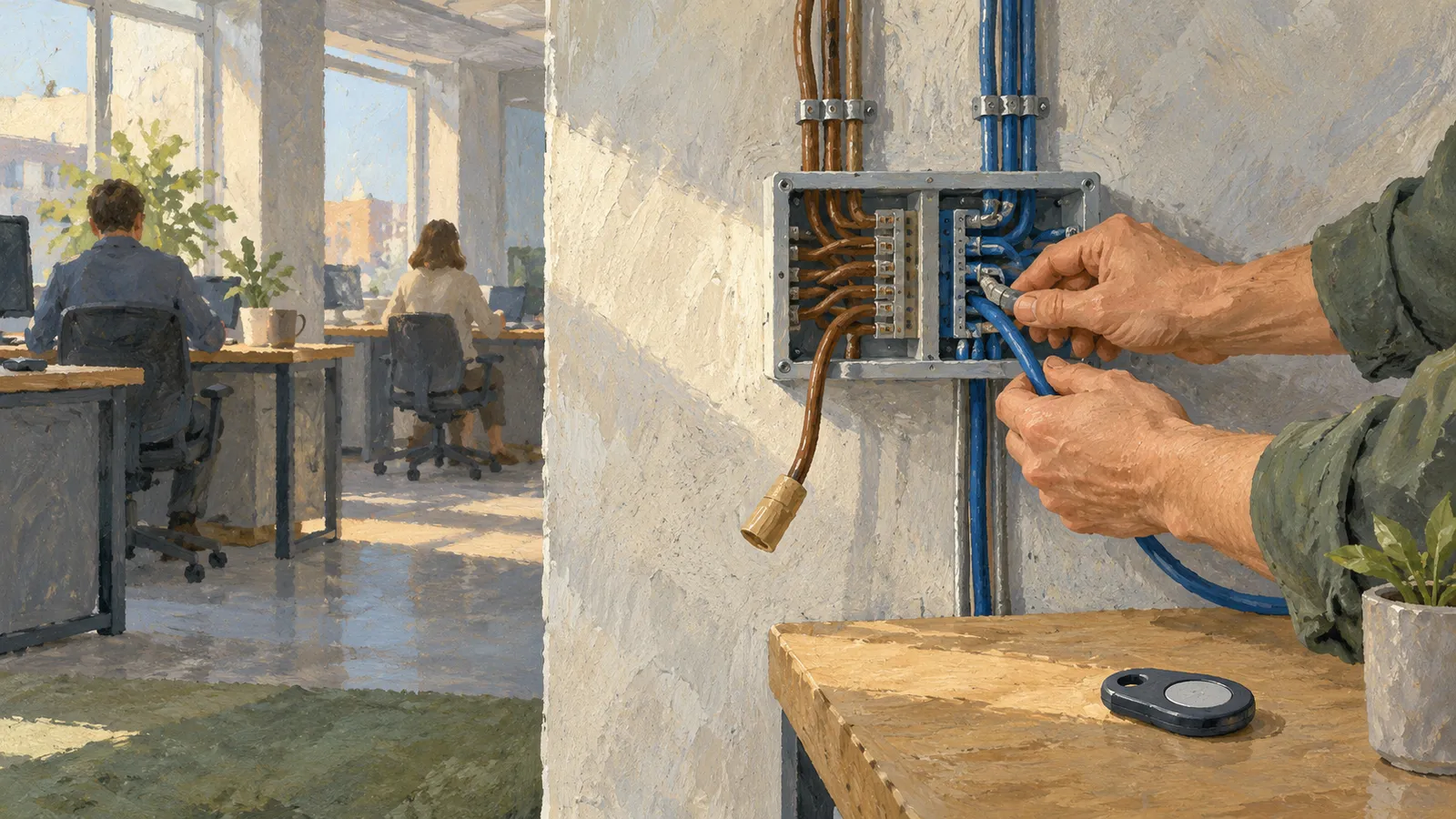 Illustration of hands handling a blue cable at an open wall panel, with a brown cable hanging loose. Two people sit at desks in a sunlit office behind them. SI illustration