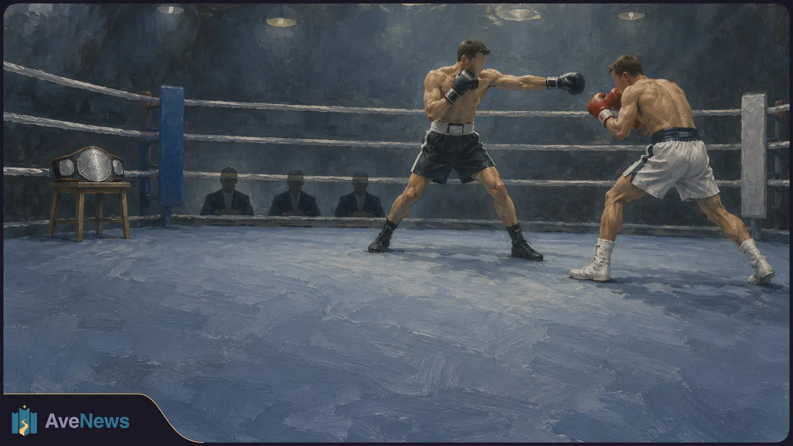 Painted boxing scene: one boxer jabs from a distance as another guards in the ring. A silver-colored title belt rests on a stool, with three seated figures ringside. SI illustration