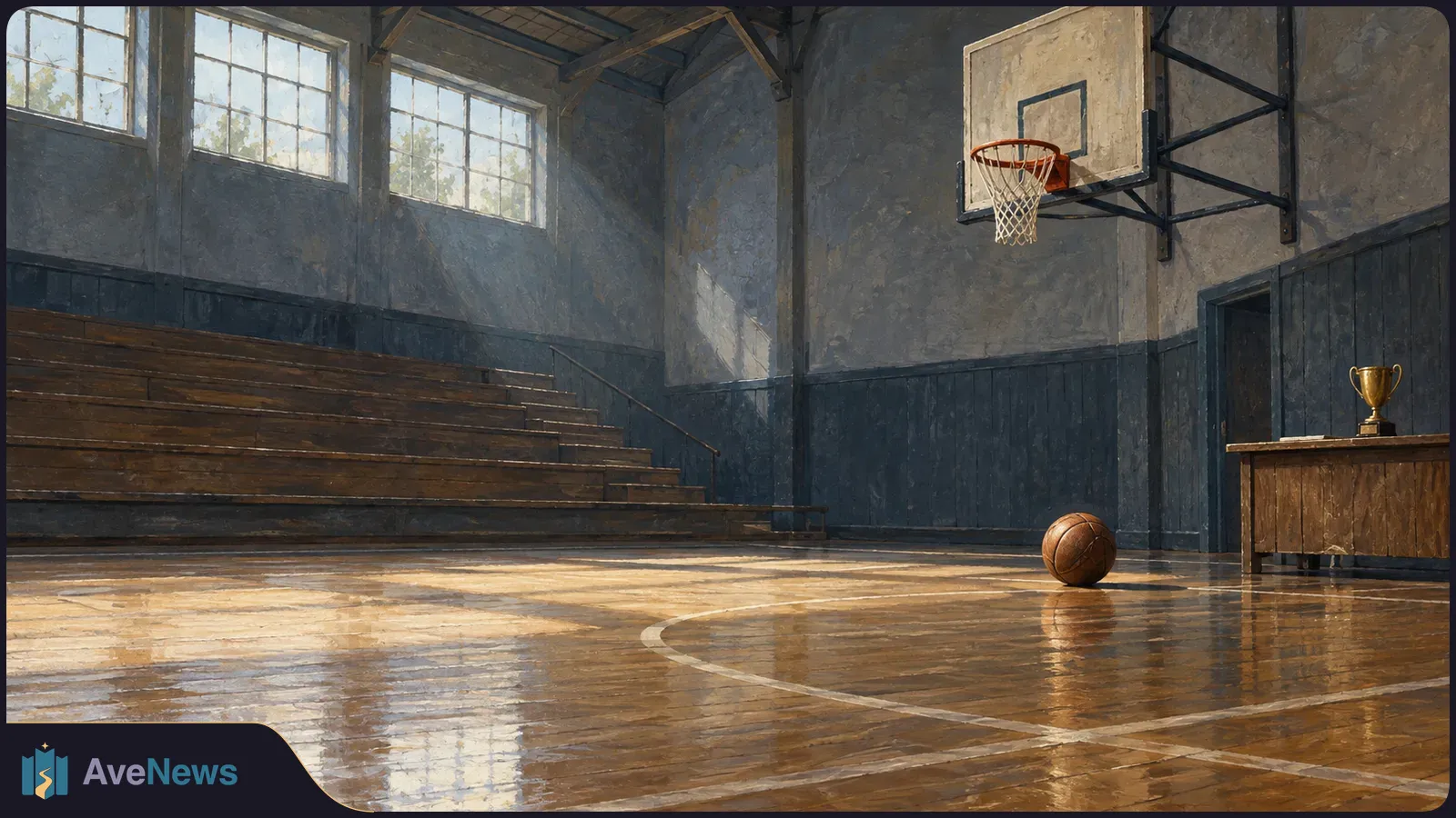Illustrated empty basketball gym with a ball beneath the hoop, wooden bleachers, and a trophy on a table. SI illustration