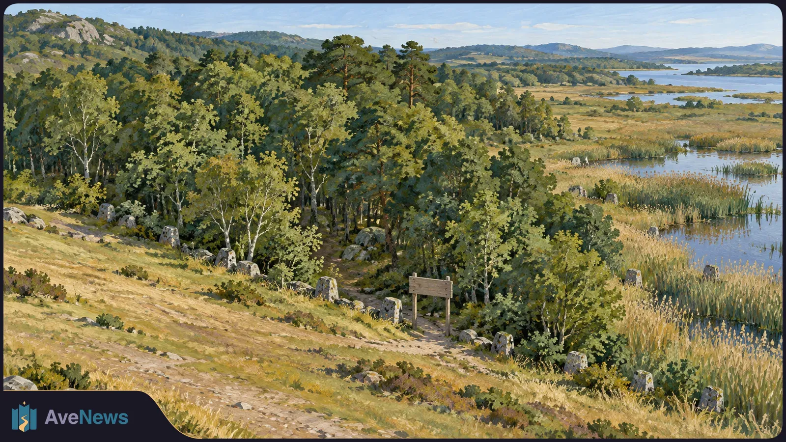 Painted landscape of a wooded hillside beside a reed-filled wetland and lake, with a blank wooden sign by a path and distant hills. SI illustration