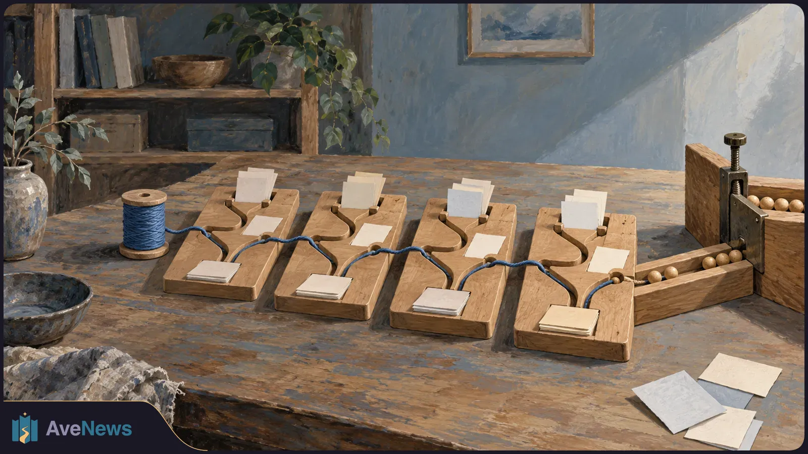 Four wooden trays holding blank cards sit on a worktable, linked by a blue cord beside a row of wooden beads. Loose blank cards lie nearby. SI illustration