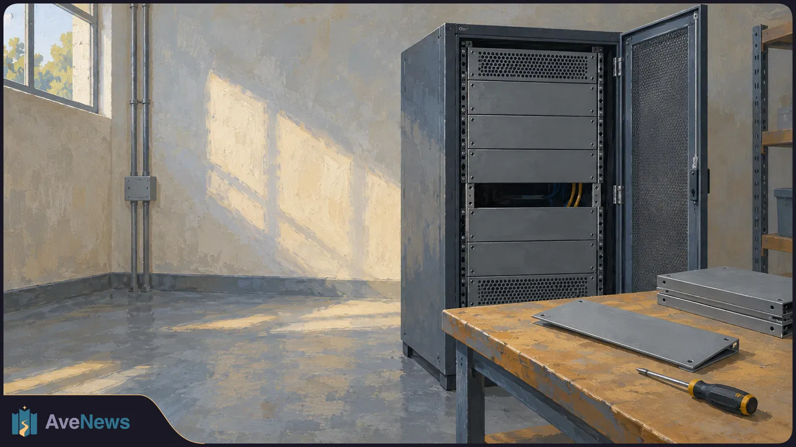 Painted scene of an open server cabinet in a sunlit room, with metal panels and a screwdriver on a workbench. SI illustration