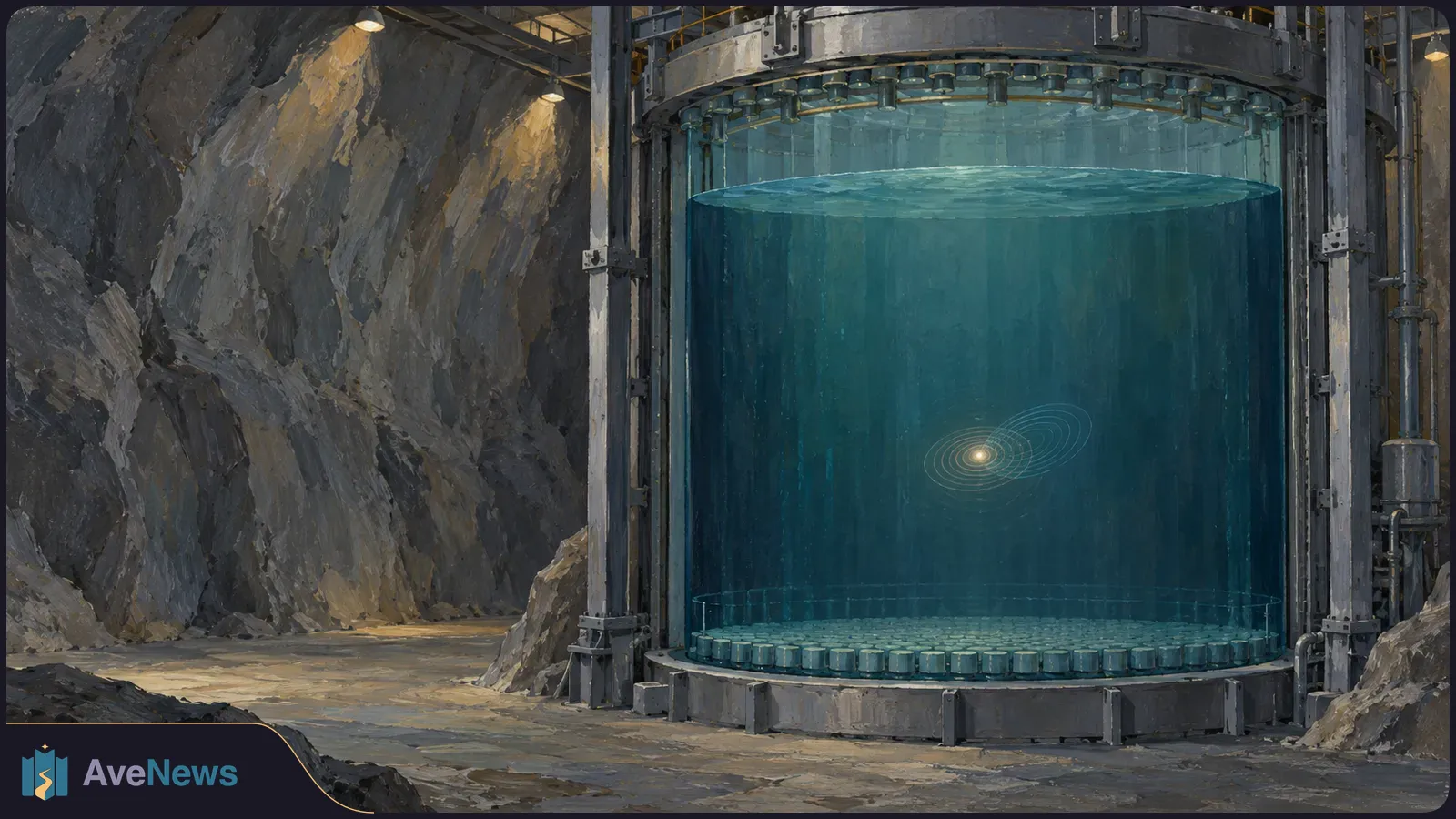 A large blue cylindrical apparatus stands in a rocky underground chamber. A small glowing point and faint rings appear inside it. SI illustration