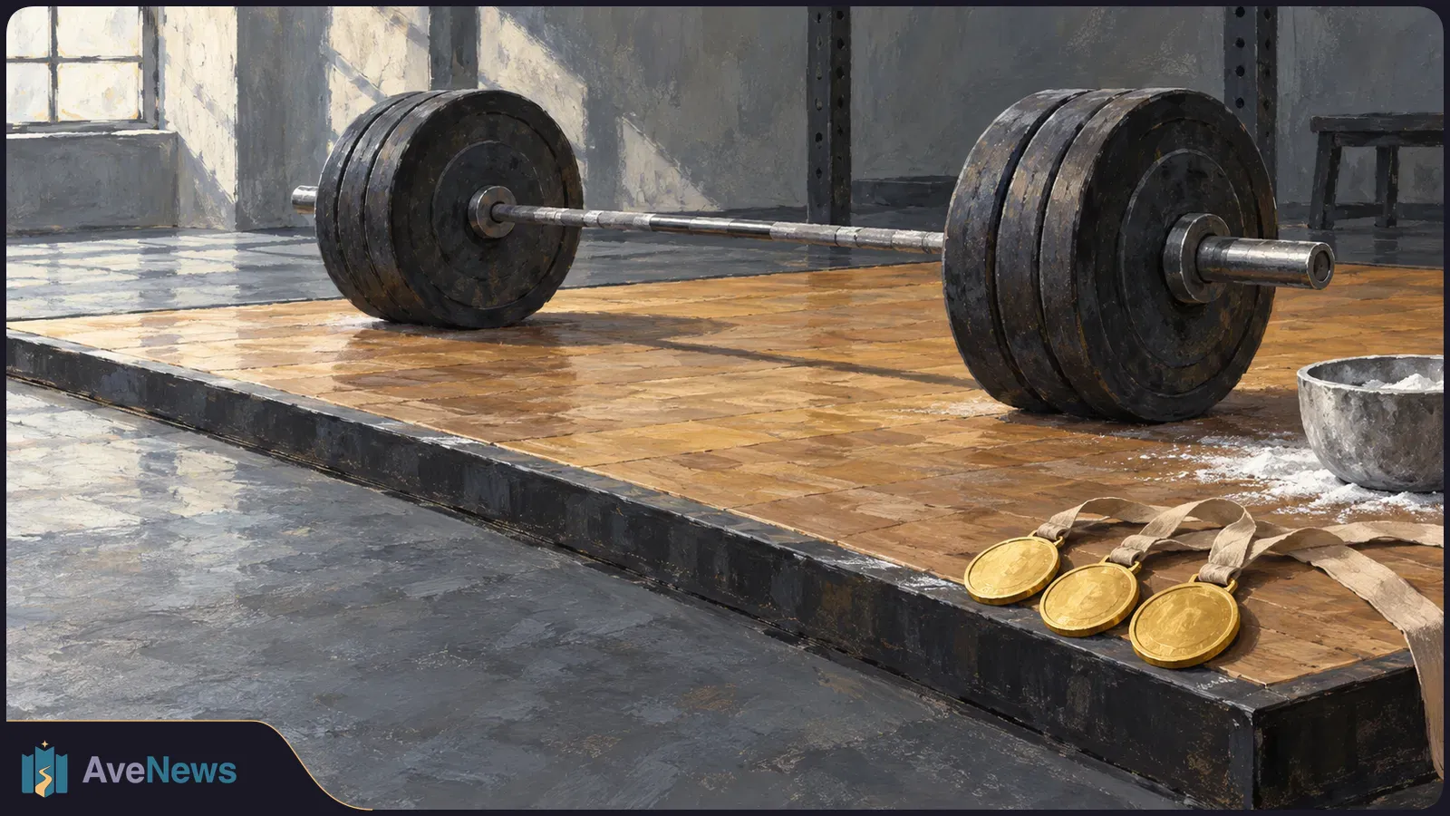 A heavily loaded barbell rests on a wooden weightlifting platform. Three gold medals lie beside it, near a bowl of chalk. SI illustration