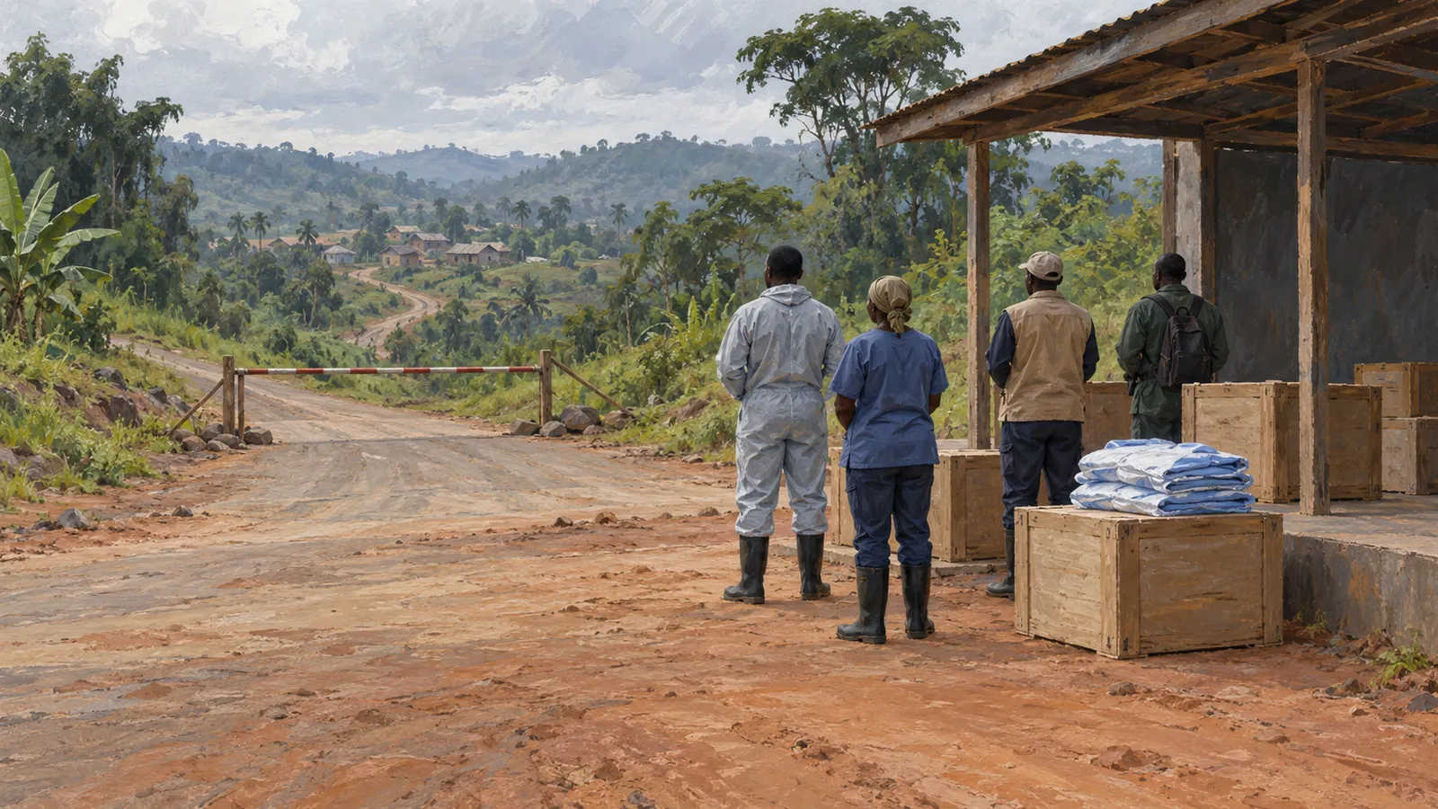 Four people stand beside wooden crates and a roadside shelter, looking toward a barrier and a village among green hills. SI illustration