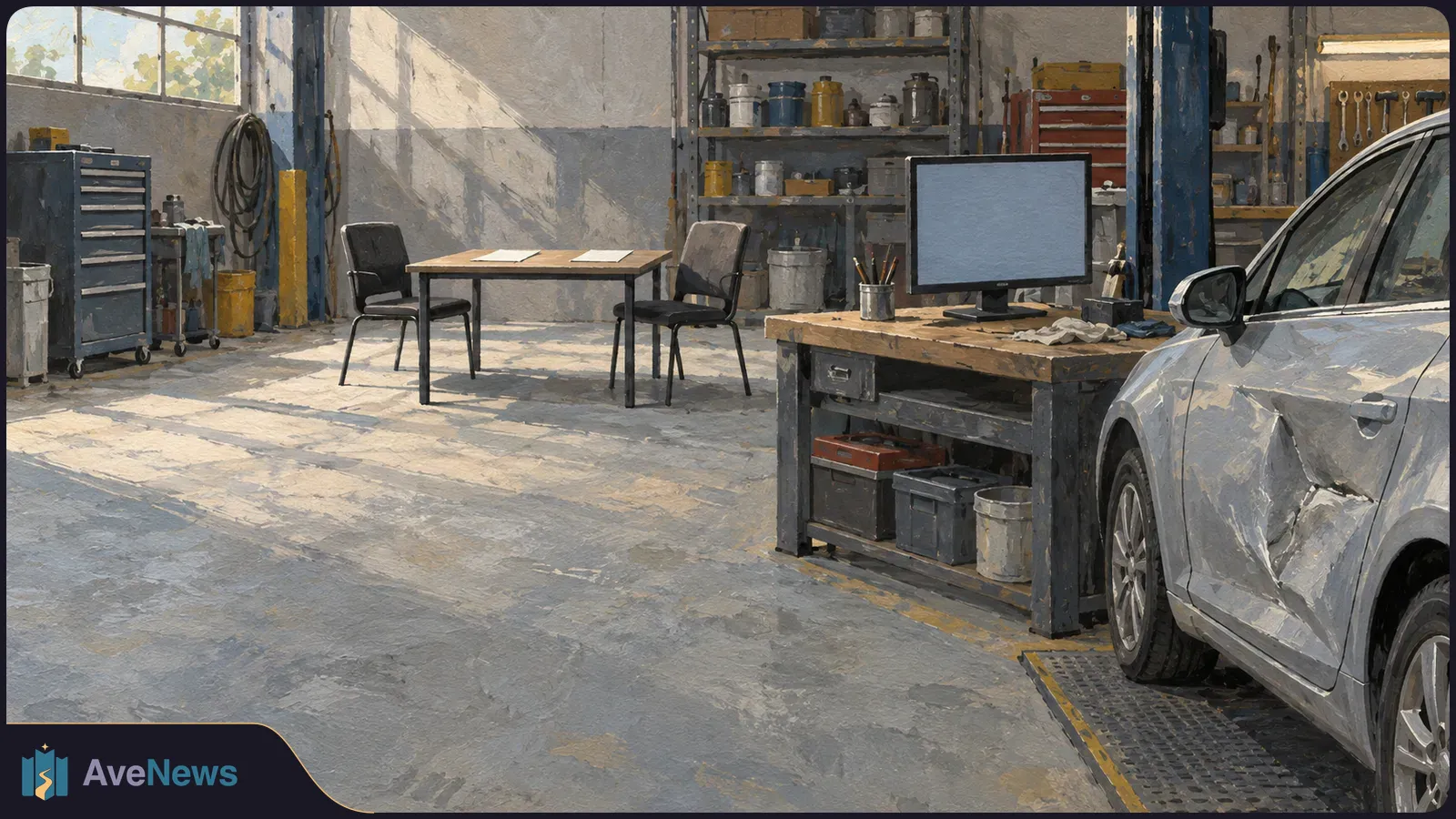 Painterly view of an auto repair shop with a dented silver car, a blank computer monitor, tools, and an empty table with two chairs. SI illustration