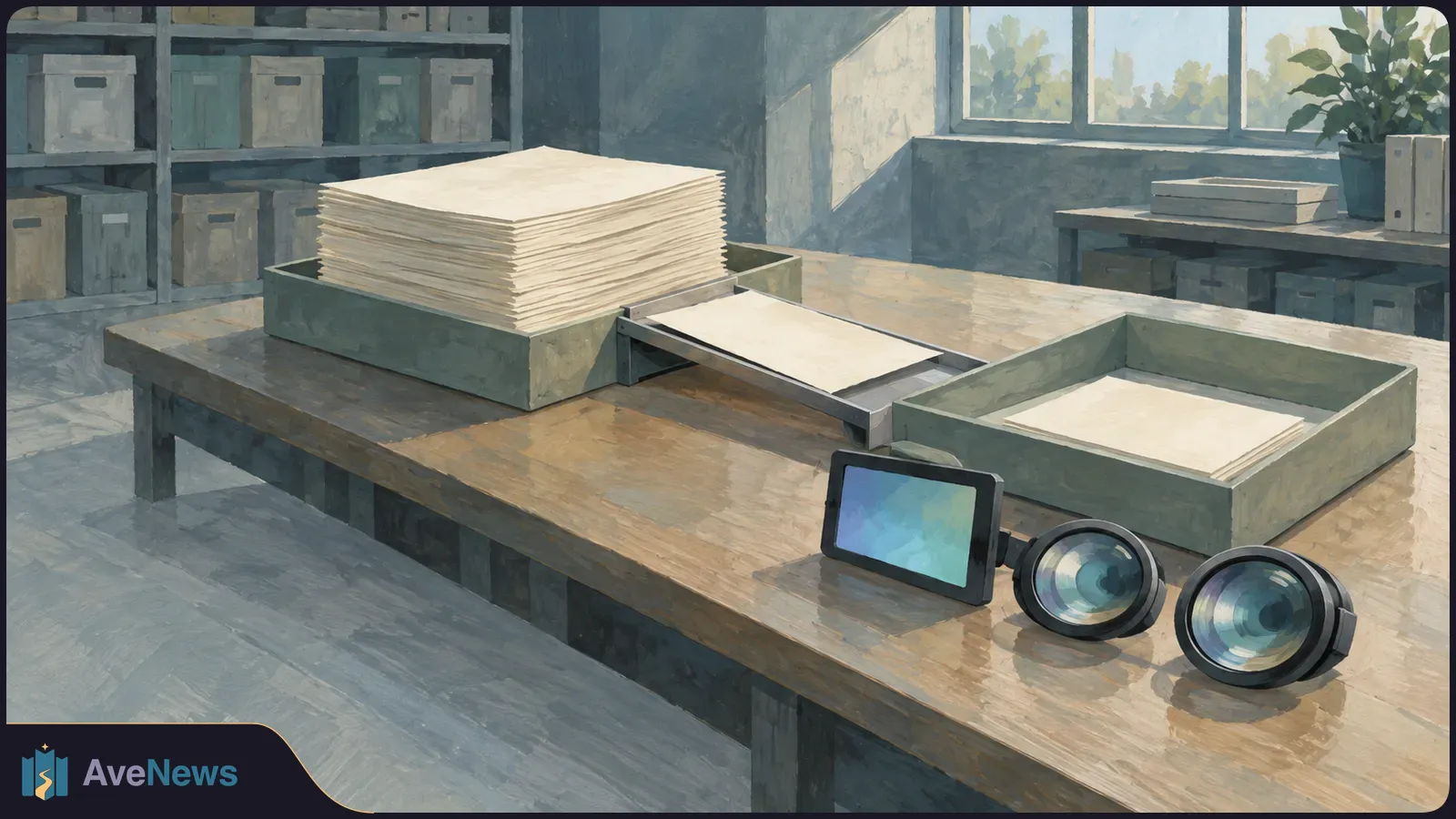 Painted archive room with stacks of blank paper in trays on a wooden table, a sheet on a sliding tray, and two large lenses beside a small blue-green screen. SI illustration
