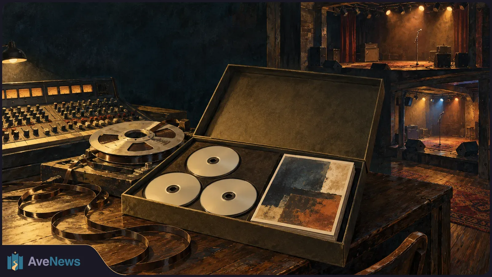 An open box with three CDs and an abstract-printed insert sits beside a tape reel and mixing console. Two empty, warmly lit stages are in the background. SI illustration