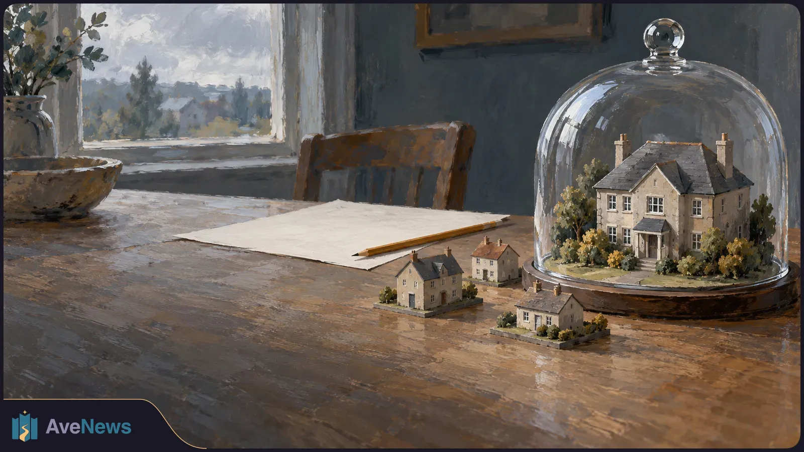 A painted scene of a model house beneath a glass dome on a wooden table, with three smaller model houses nearby, a blank sheet of paper and a pencil. SI illustration