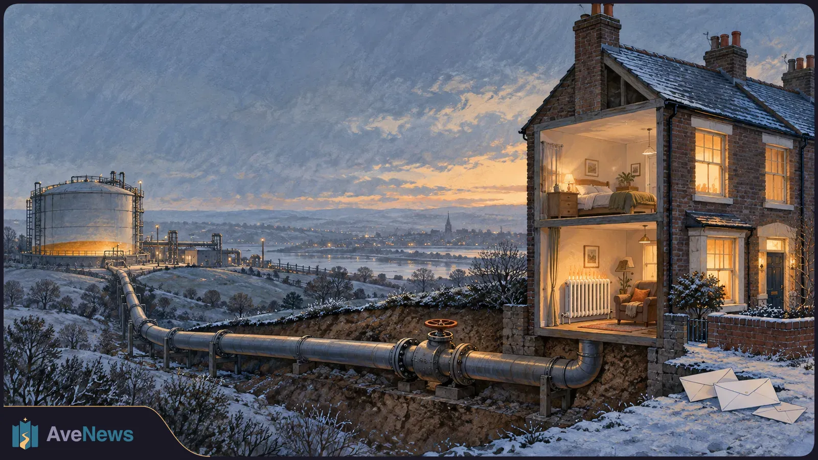 Snowy dusk illustration of a large pipeline running from an industrial tank toward a warmly lit, cutaway brick house, with blank envelopes on the ground. SI illustration