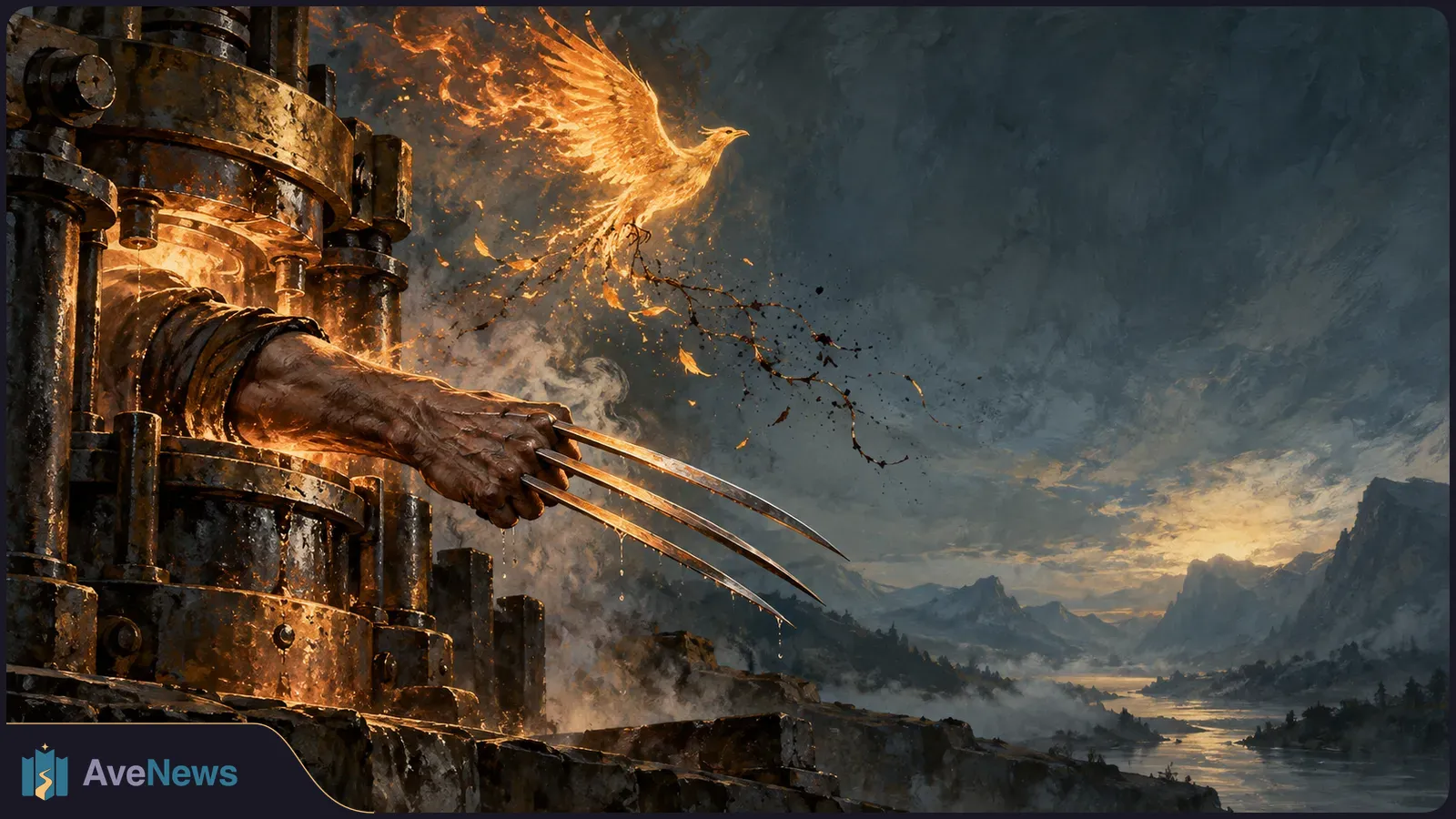 A clawed hand extends from a heavy metal mechanism as a fiery bird rises over a misty mountain river. SI illustration