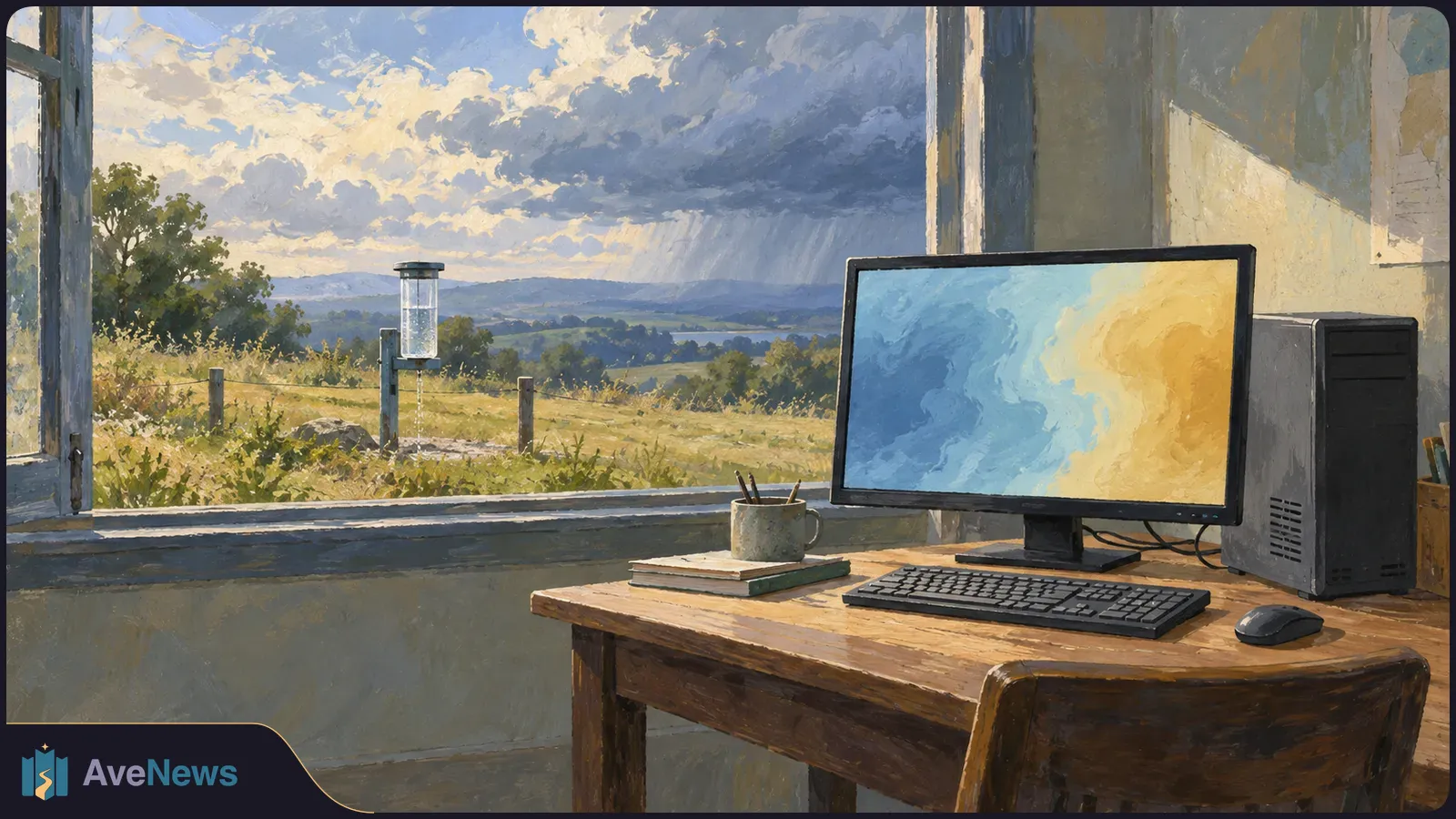 Painted scene of a desktop computer beside an open window overlooking fields and storm clouds, with a rain gauge outside. The screen shows abstract blue and yellow shapes. SI illustration