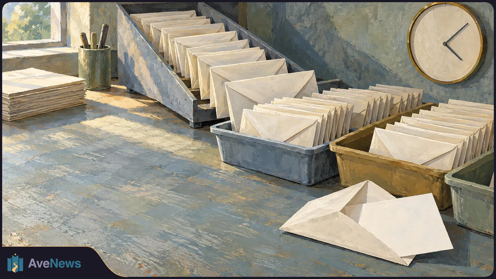 Painterly scene of sealed envelopes in trays and a slanted sorter on a sunlit desk, with loose envelopes, stacked papers and a wall clock. SI illustration