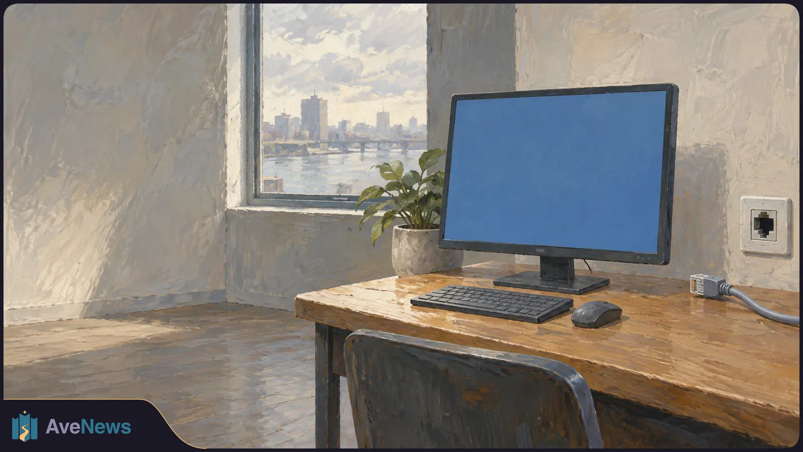A painted office desk holds a computer with a blank blue screen. An Ethernet plug lies disconnected beside an empty wall jack, with a city visible through the window. SI illustration