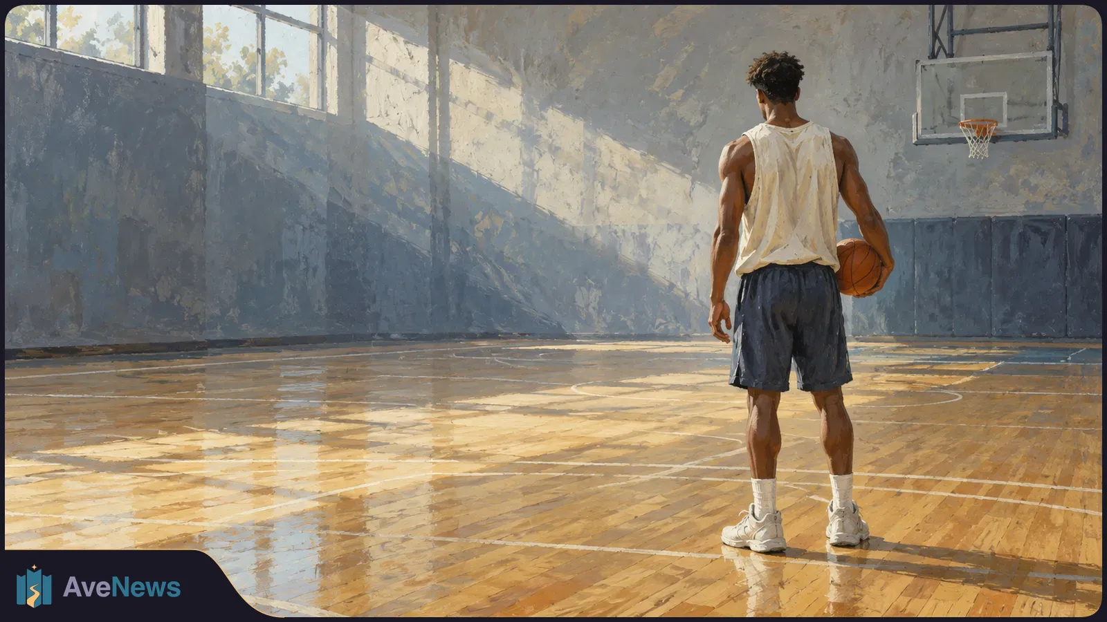 A painted scene of a basketball player seen from behind, holding a ball on a sunlit indoor court beneath a hoop. SI illustration