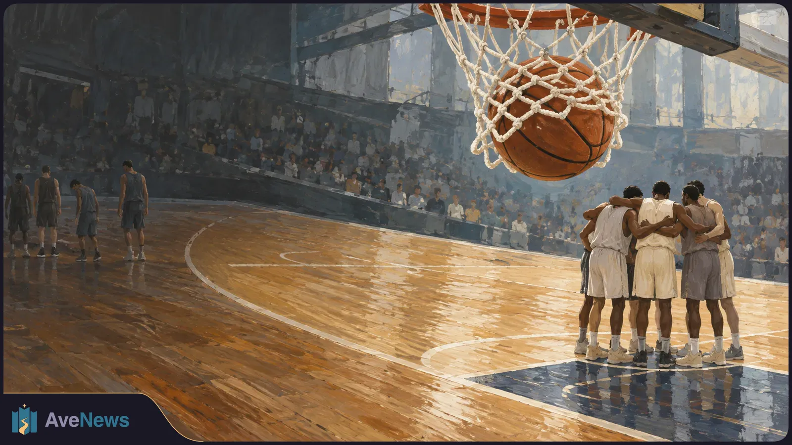 Painterly basketball scene: a ball rests in the hoop’s net above a wooden court. Players huddle on the right, others stand on the left, and spectators fill the stands. SI illustration