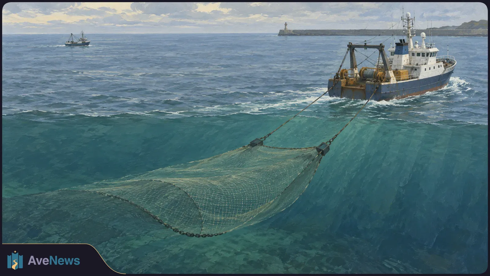 Painted view of a large fishing vessel towing a broad net through blue-green water, with a smaller boat near the horizon. SI illustration