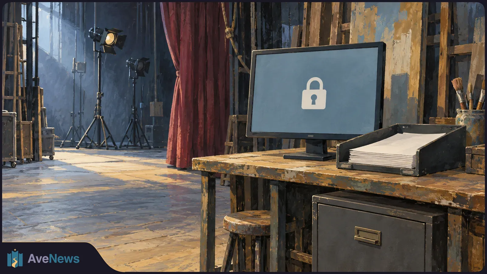 Painted backstage scene with spotlights and a red curtain. A desk holds a monitor showing a white padlock and a tray of blank papers. SI illustration