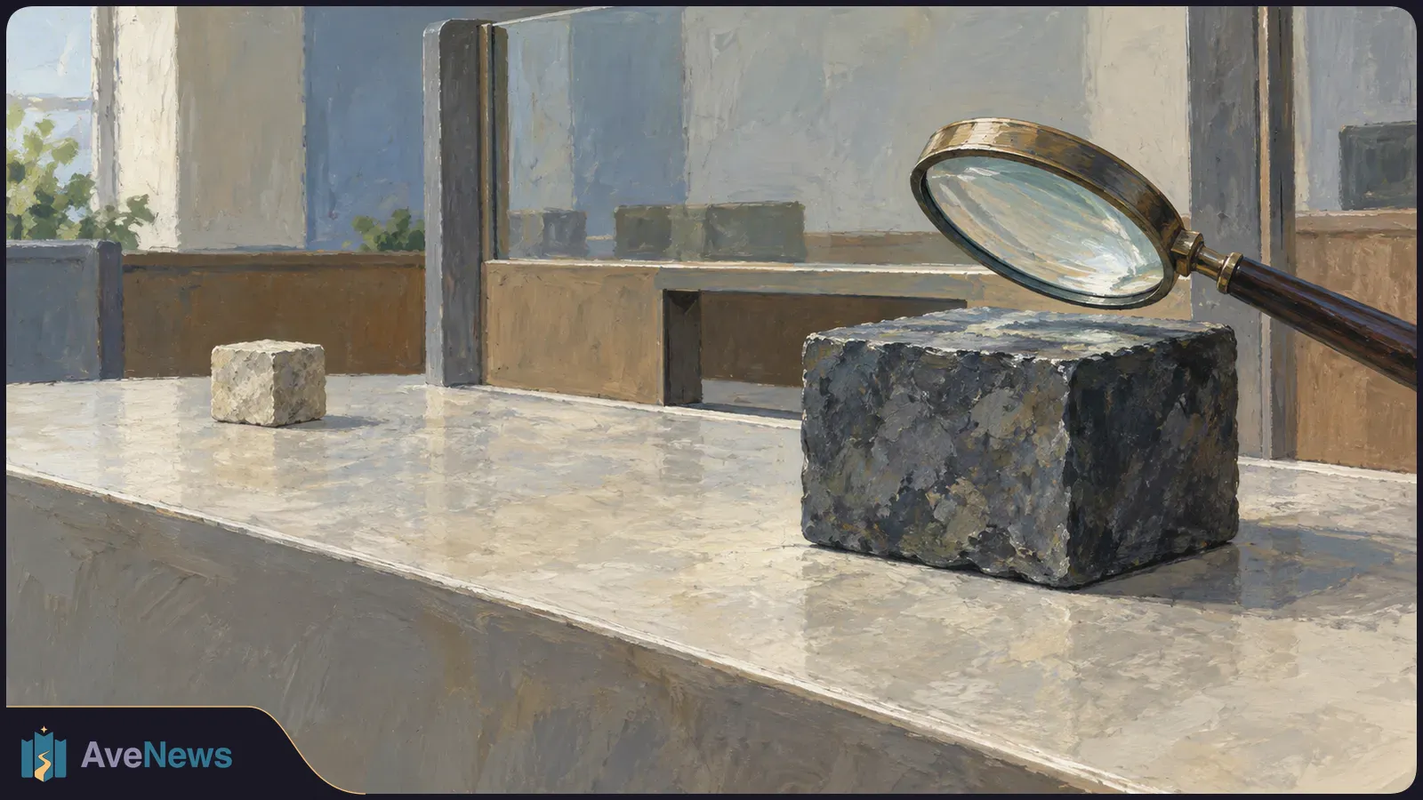 Painted scene of a magnifying glass hovering over a large dark stone block, with a smaller pale block set aside on a tabletop. SI illustration
