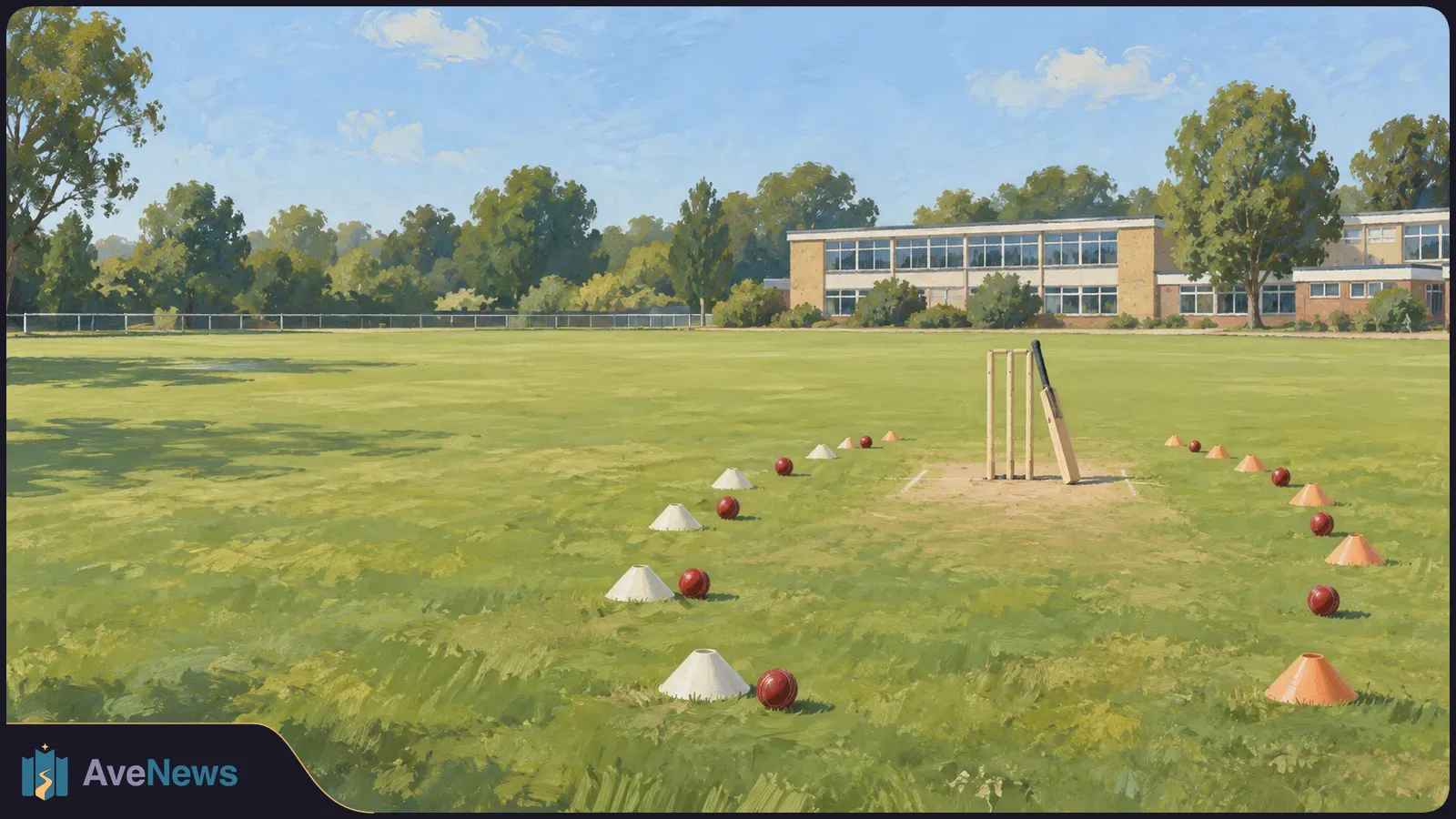 A painted grassy cricket field shows a bat leaning against stumps and rows of red balls and training cones. A two-story brick building and trees stand in the background. SI illustration