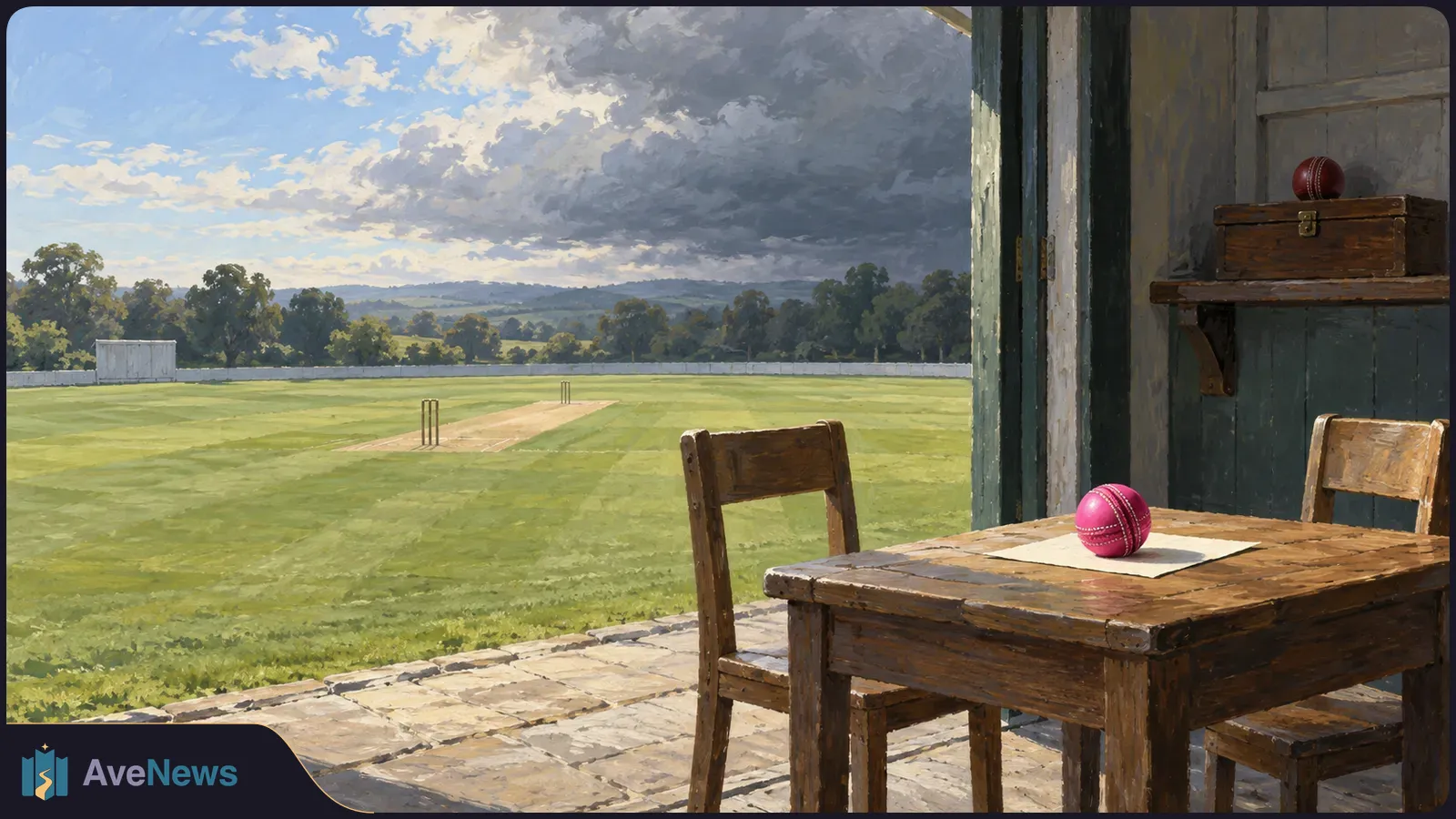 A painted view of an empty cricket ground under dark clouds, with wickets on the pitch and a bright pink ball on a wooden table in the foreground. SI illustration